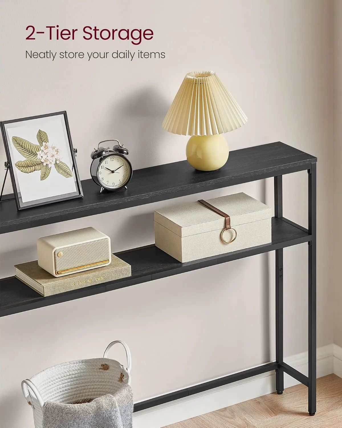 VASAGLE Console Table, 2-Tier Sofa Table, 7.9 x 31.5 x 31.5 Inches, Narrow Entryway Table, Modern Entry Table with 2 Shelves, for Living Room, Bedroom, Charcoal Gray and Ink Black ULNT130B22