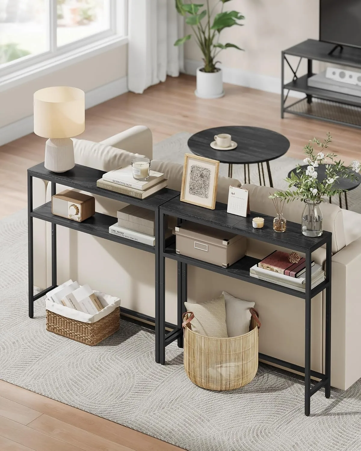 VASAGLE Console Table, 2-Tier Sofa Table, 7.9 x 31.5 x 31.5 Inches, Narrow Entryway Table, Modern Entry Table with 2 Shelves, for Living Room, Bedroom, Charcoal Gray and Ink Black ULNT130B22