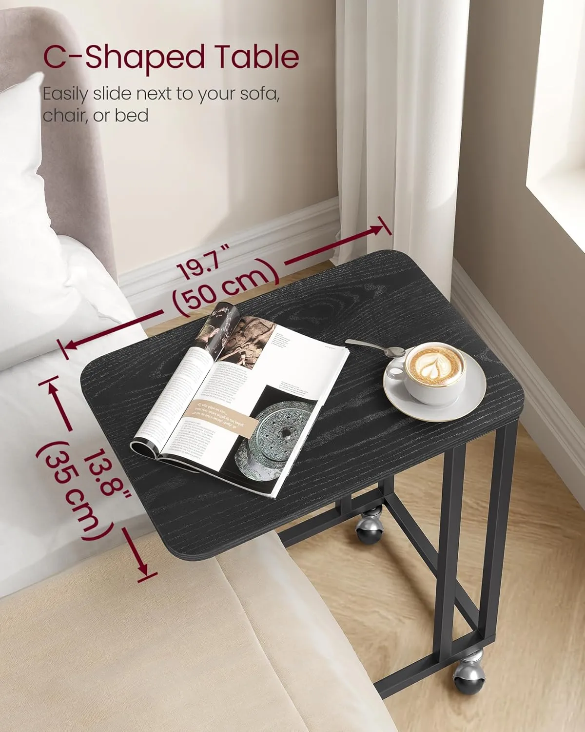 VASAGLE End Table, C Shaped TV Tray with Metal Frame Rolling Casters for Coffee Laptop Mobile Tablet, Industrial Side Table for Living Room Bedroom, 19.7 x 13.8 x 23.6 Inches, Ebony Black, ULNT050B56