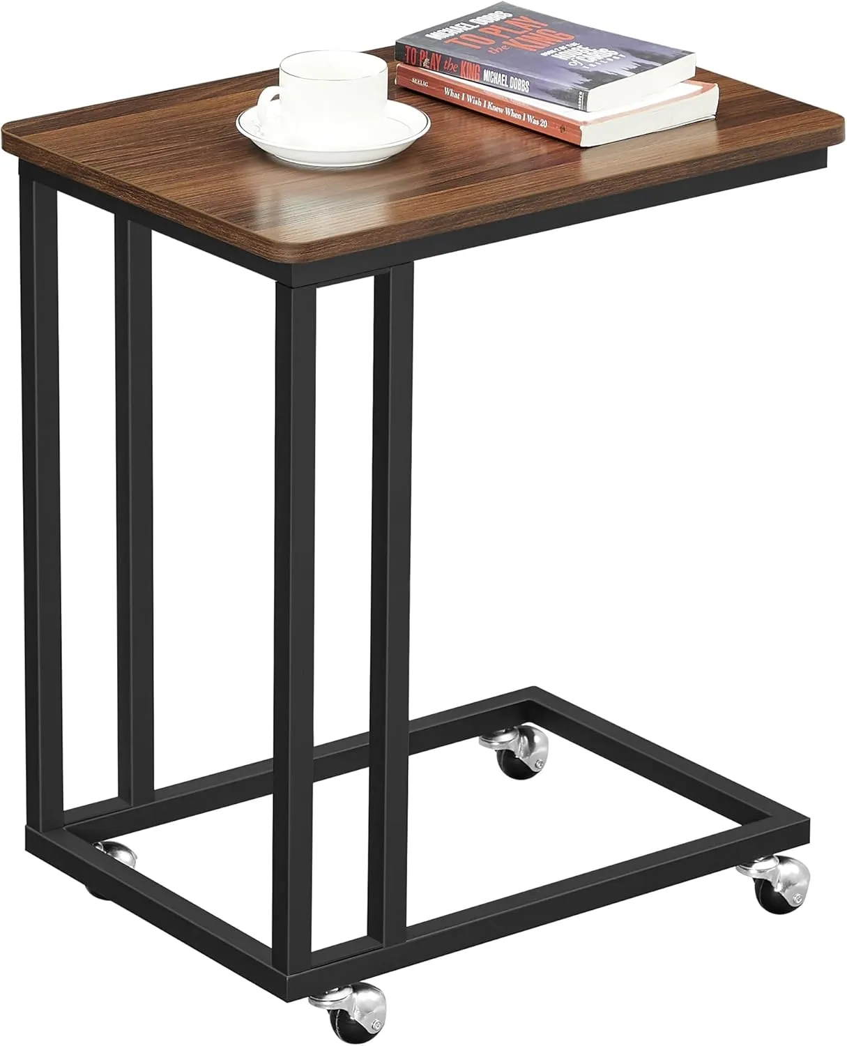VASAGLE End Table, C Shaped TV Tray with Metal Frame Rolling Casters, Industrial Side Table for Living Room Bedroom, 19.7 x 13.8 x 23.6 Inches, Dark Walnut and Black