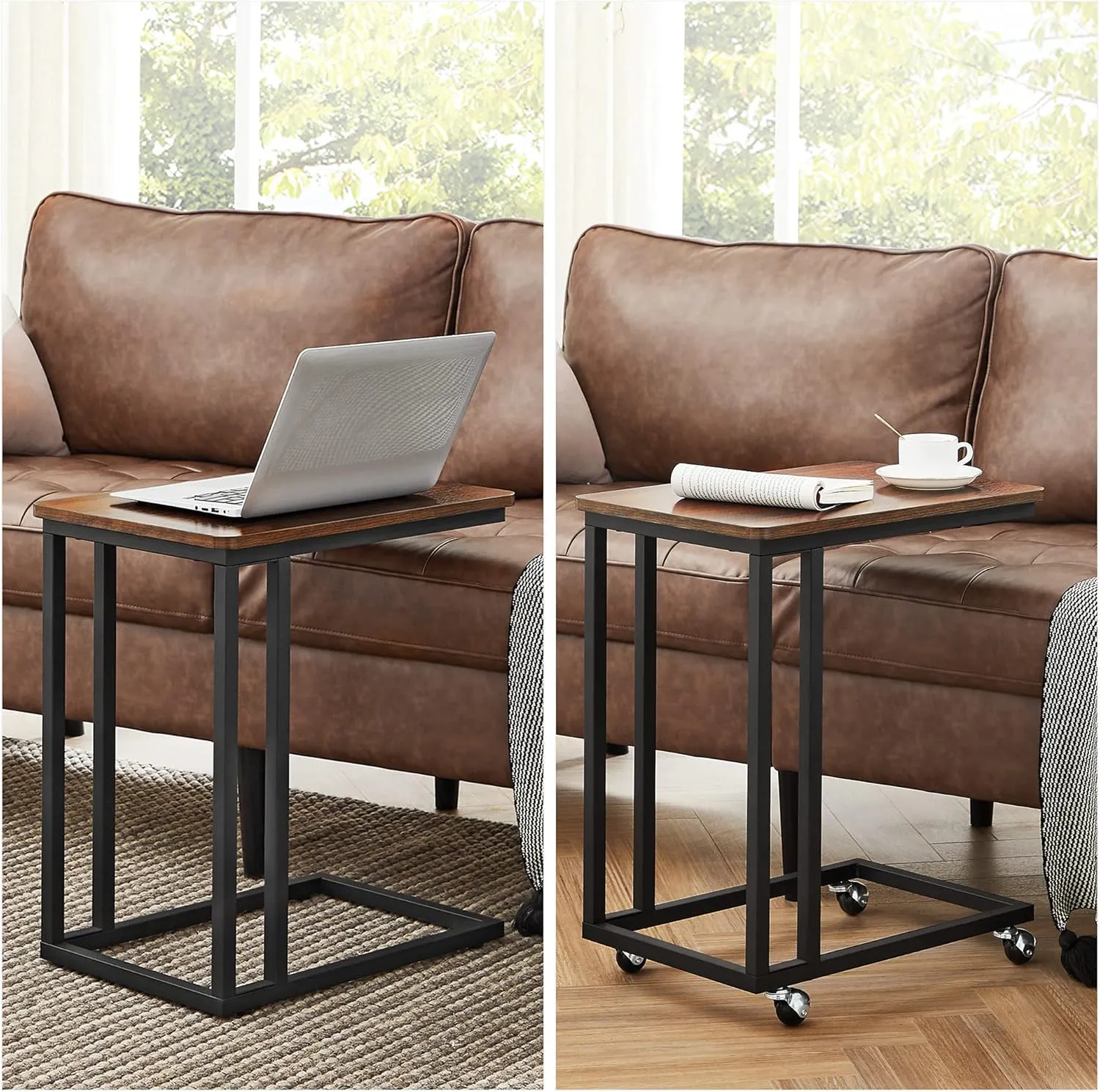 VASAGLE End Table, C Shaped TV Tray with Metal Frame Rolling Casters, Industrial Side Table for Living Room Bedroom, 19.7 x 13.8 x 23.6 Inches, Dark Walnut and Black