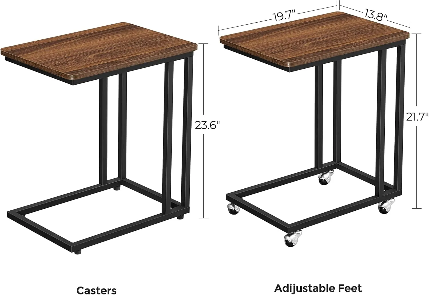 VASAGLE End Table, C Shaped TV Tray with Metal Frame Rolling Casters, Industrial Side Table for Living Room Bedroom, 19.7 x 13.8 x 23.6 Inches, Dark Walnut and Black