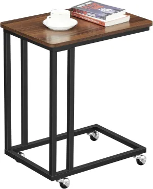 VASAGLE End Table, C Shaped TV Tray with Metal Frame Rolling Casters, Industrial Side Table for Living Room Bedroom, 19.7 x 13.8 x 23.6 Inches, Dark Walnut and Black