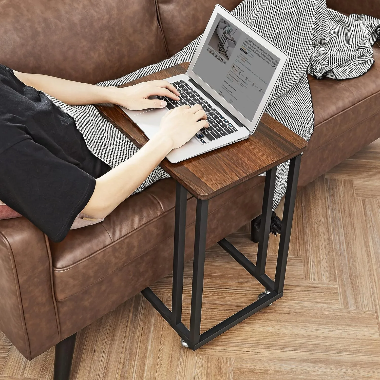 VASAGLE End Table, C Shaped TV Tray with Metal Frame Rolling Casters, Industrial Side Table for Living Room Bedroom, 19.7 x 13.8 x 23.6 Inches, Dark Walnut and Black