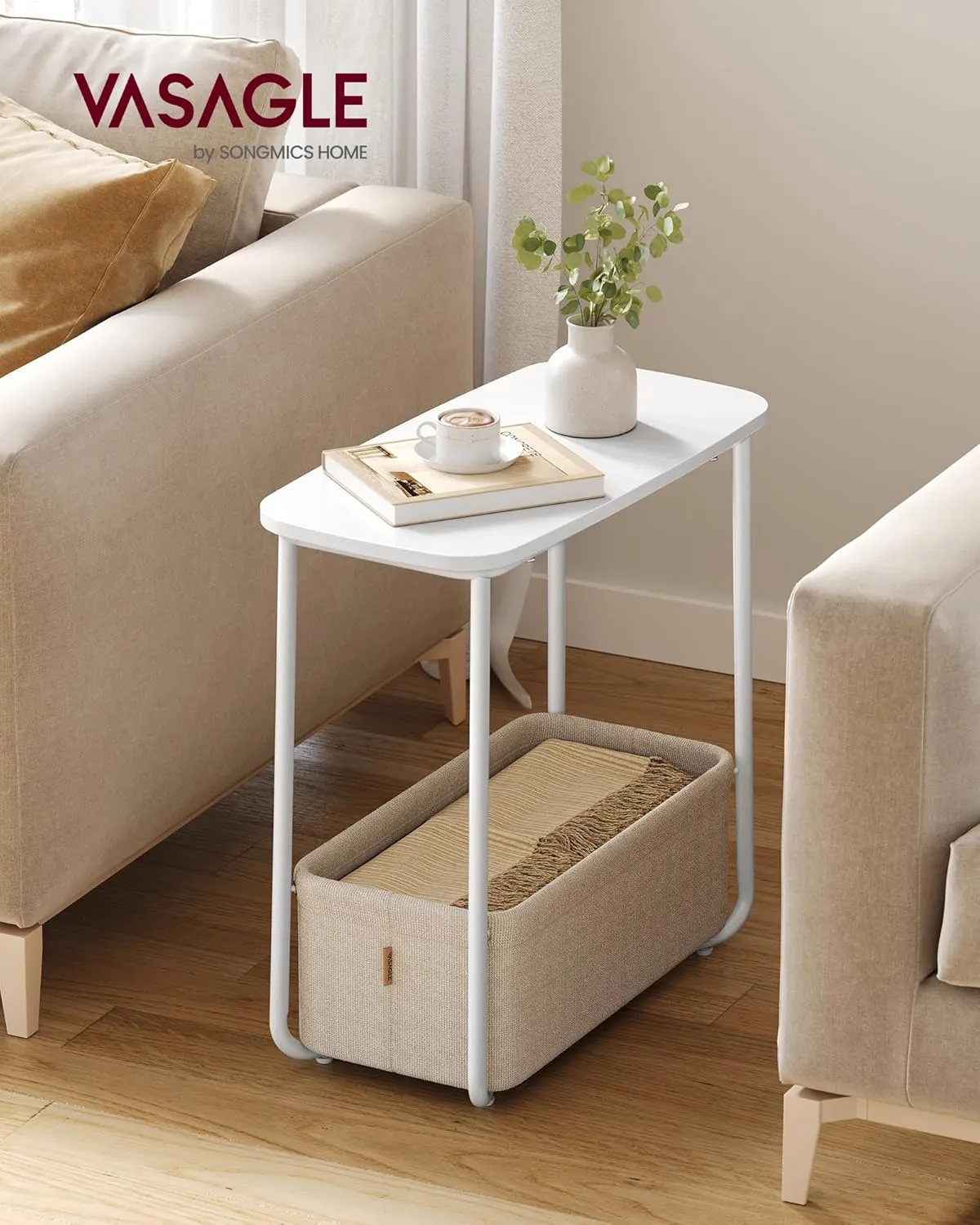 VASAGLE End Table, Small Bedside Table with Fabric Basket, Modern Nightstand, Rectangular Side Table, for Living Room, Bedroom, Matte White and Camel Brown ULET230W10
