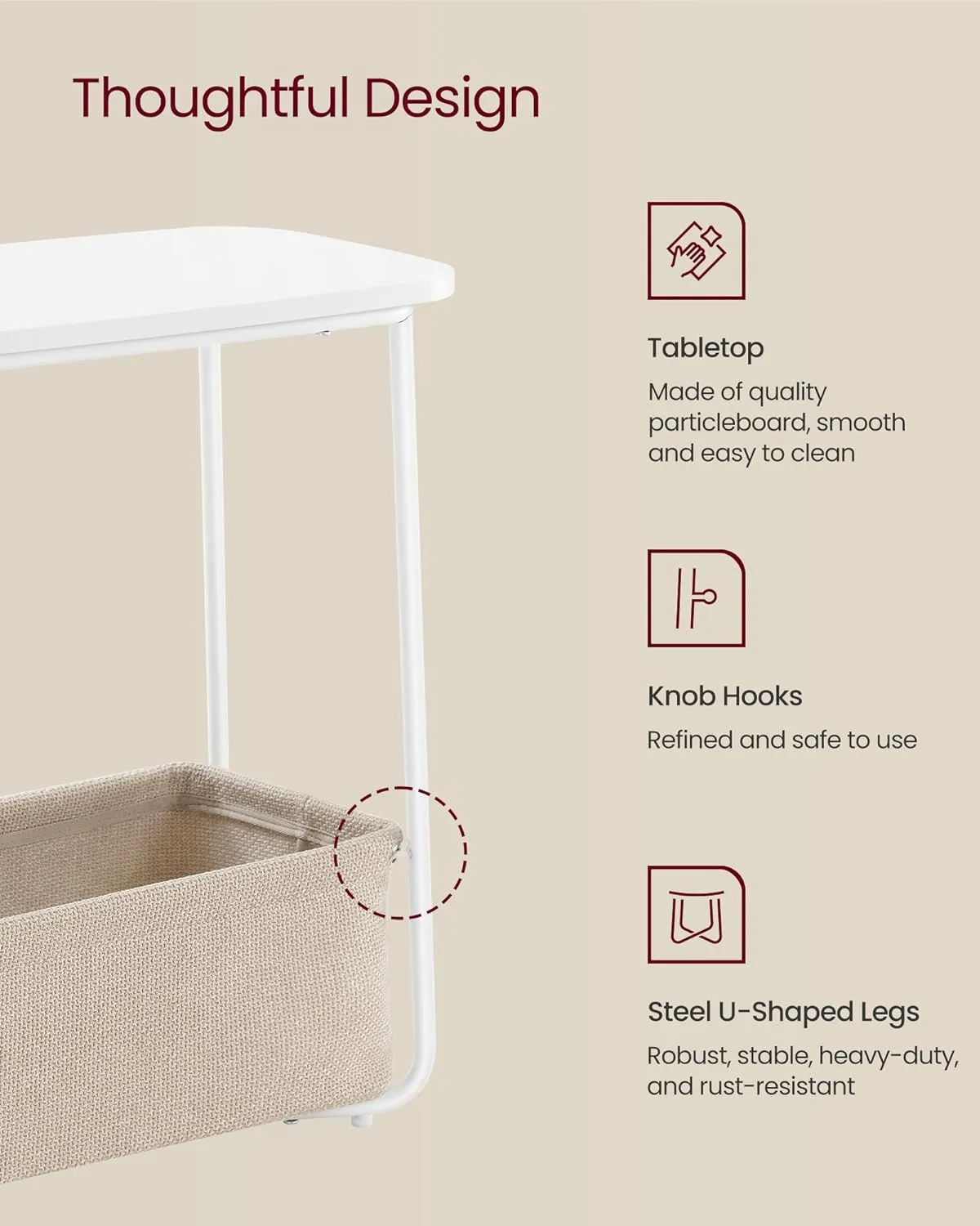 VASAGLE End Table, Small Bedside Table with Fabric Basket, Modern Nightstand, Rectangular Side Table, for Living Room, Bedroom, Matte White and Camel Brown ULET230W10