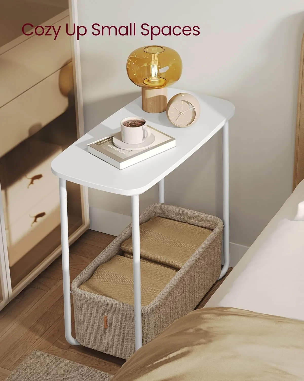 VASAGLE End Table, Small Bedside Table with Fabric Basket, Modern Nightstand, Rectangular Side Table, for Living Room, Bedroom, Matte White and Camel Brown ULET230W10