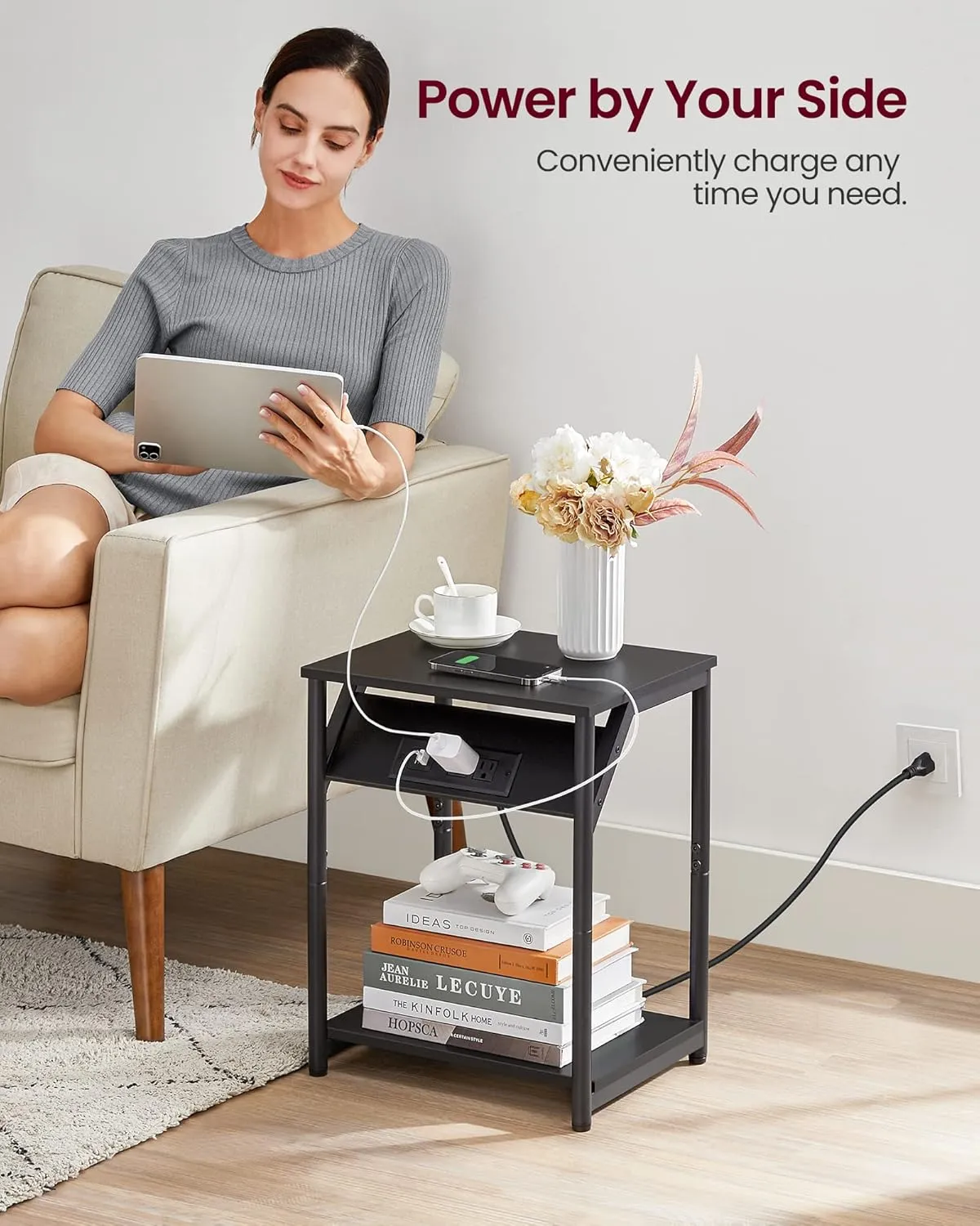 VASAGLE End Table with Charging Station, Set of 2, Small Side Tables for Living Room, Bedroom, Nightstand with Outlets and USB Ports, Bedside Table with Storage Shelf, Black
