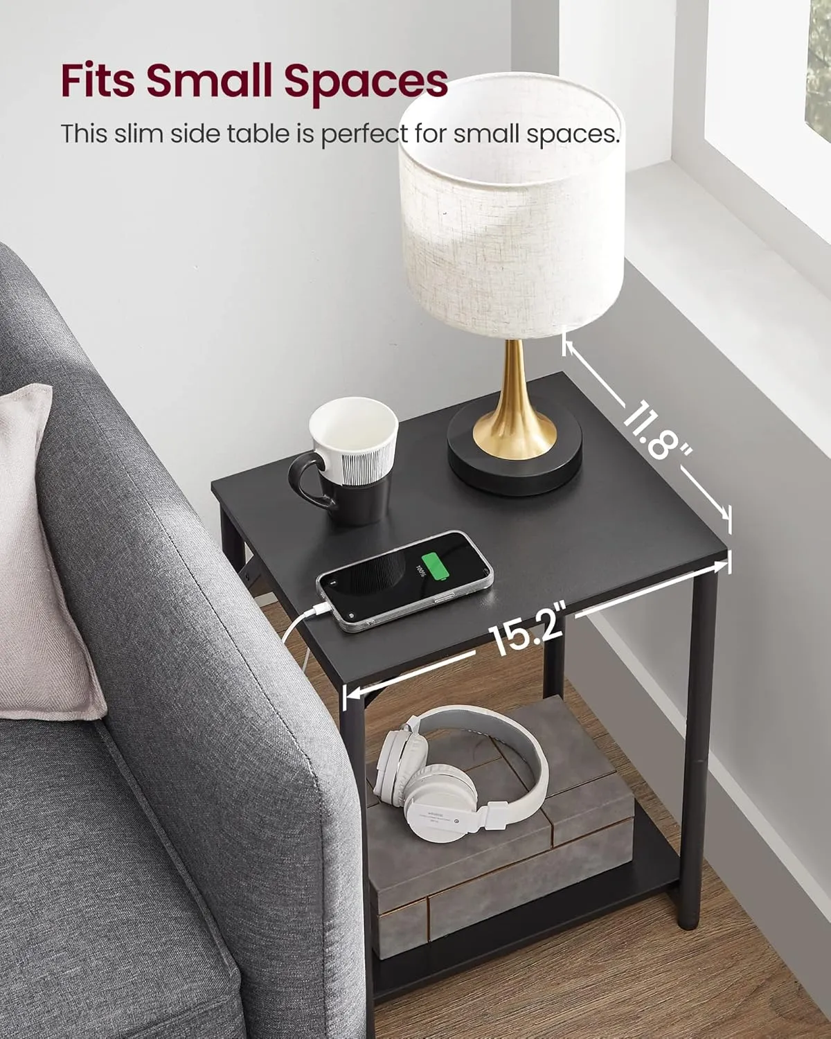 VASAGLE End Table with Charging Station, Set of 2, Small Side Tables for Living Room, Bedroom, Nightstand with Outlets and USB Ports, Bedside Table with Storage Shelf, Black