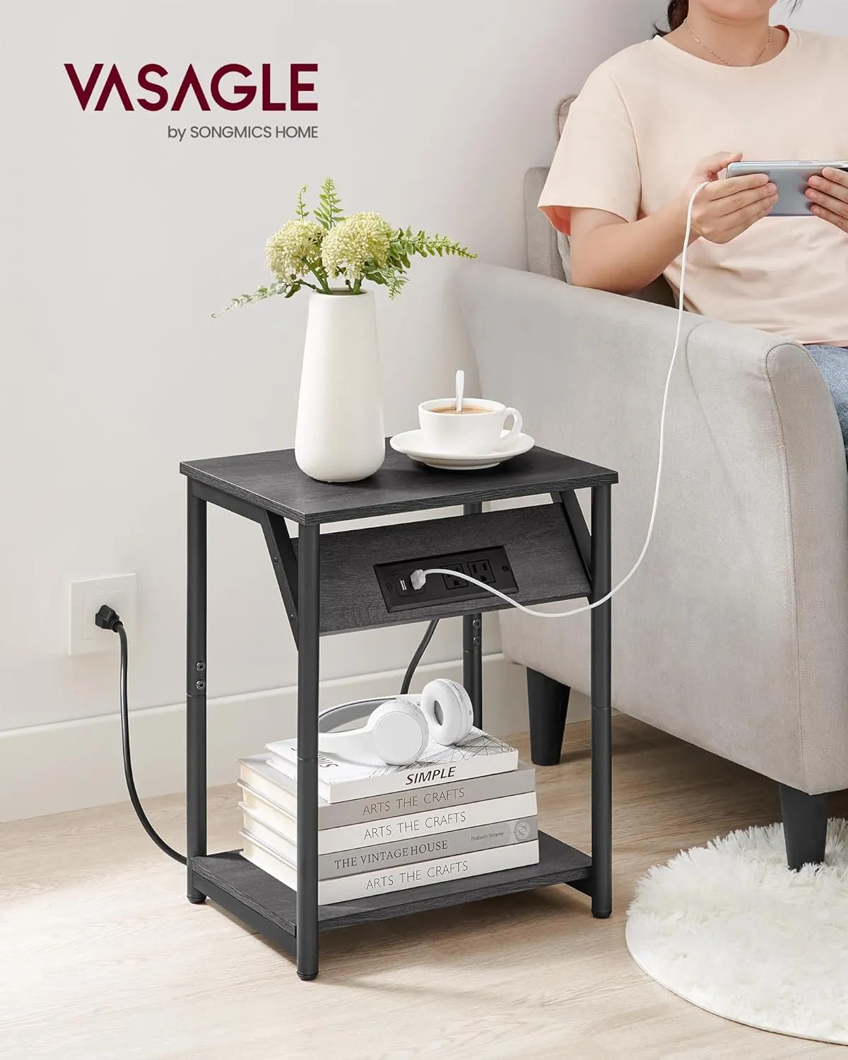 VASAGLE End Table with Charging Station, Set of 2, Small Side Tables for Living Room, Bedroom, Nightstand with Outlets and USB Ports, Bedside Table with Storage Shelf, Misty Gray and Black