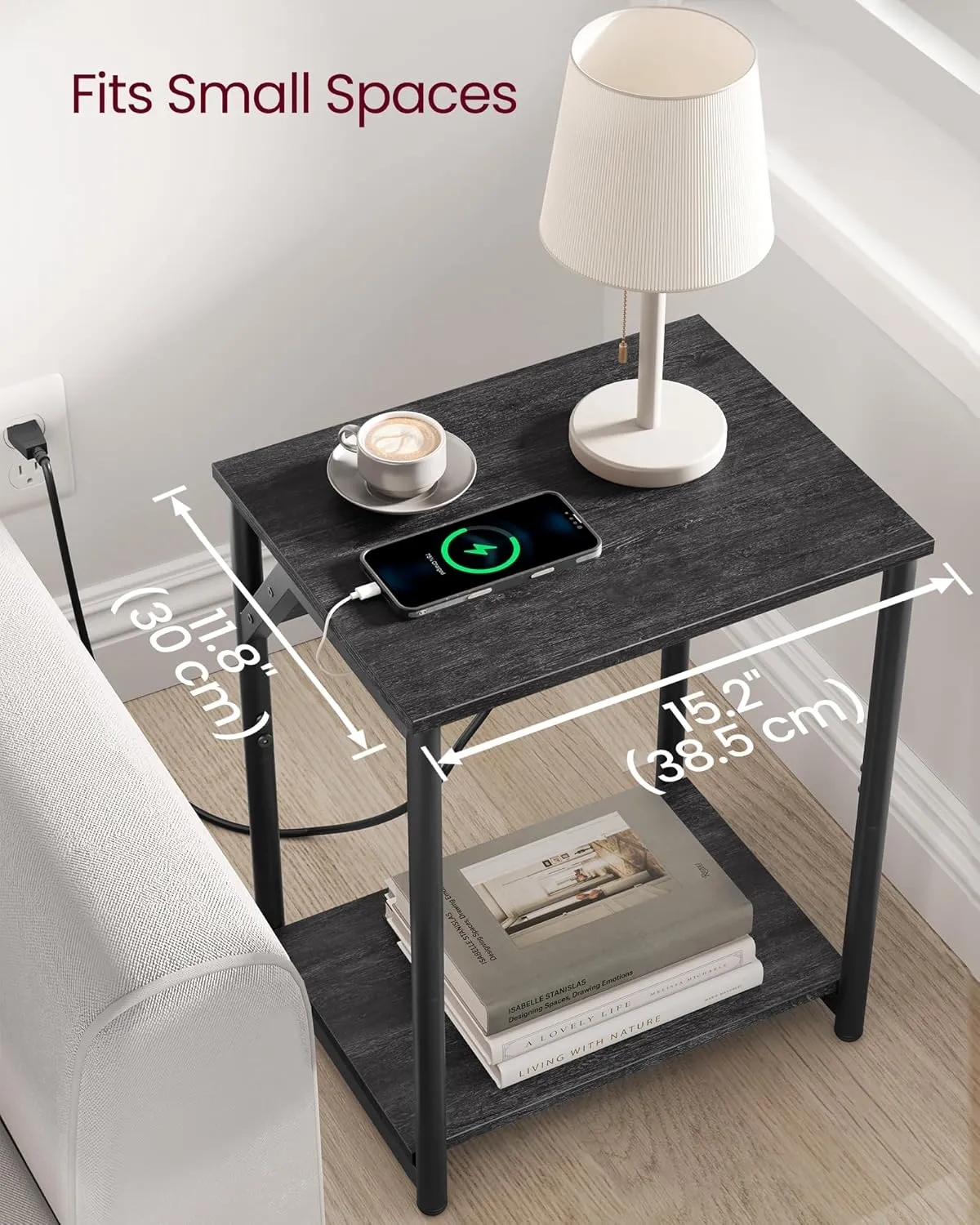 VASAGLE End Table with Charging Station, Set of 2, Small Side Tables for Living Room, Bedroom, Nightstand with Outlets and USB Ports, Bedside Table with Storage Shelf, Misty Gray and Black