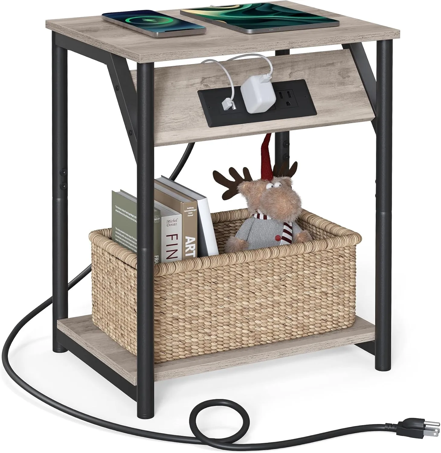 VASAGLE End Table with Charging Station, Small Side Table for Living Room, Bedroom, Nightstand with Outlets and USB Ports, Bedside Table with Storage Shelf, Heather Greige and Black