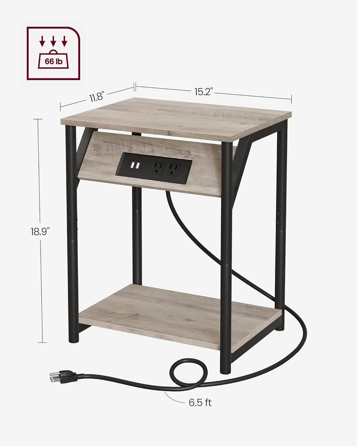 VASAGLE End Table with Charging Station, Small Side Table for Living Room, Bedroom, Nightstand with Outlets and USB Ports, Bedside Table with Storage Shelf, Heather Greige and Black