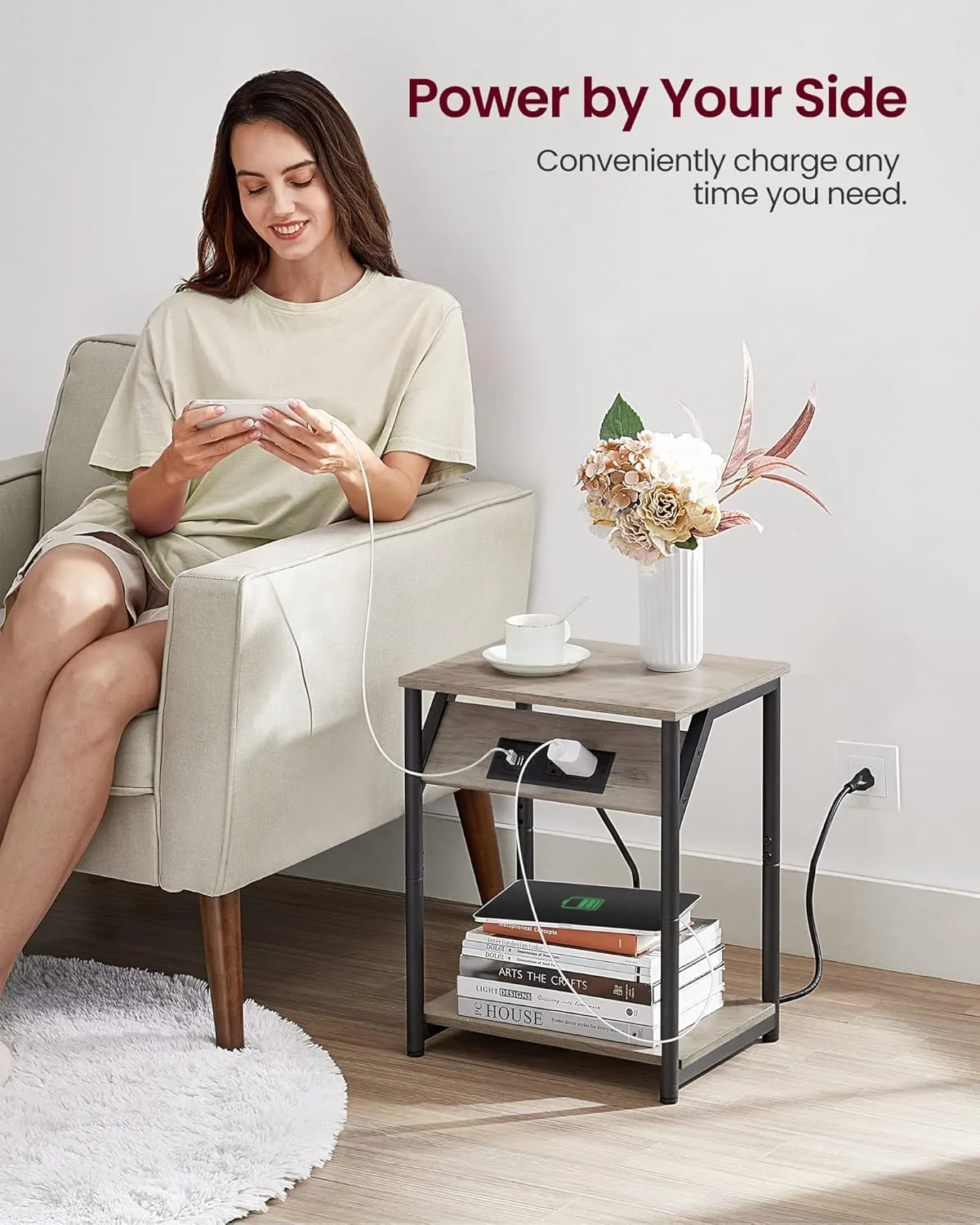 VASAGLE End Table with Charging Station, Small Side Table for Living Room, Bedroom, Nightstand with Outlets and USB Ports, Bedside Table with Storage Shelf, Heather Greige and Black