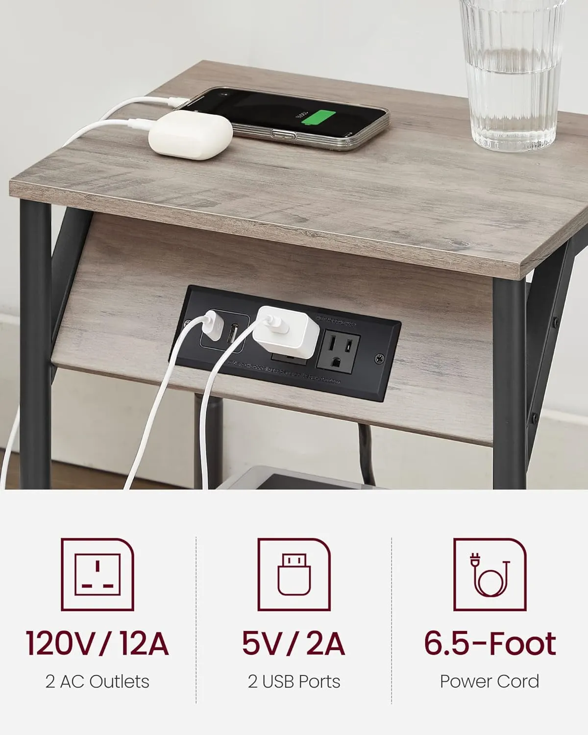 VASAGLE End Table with Charging Station, Small Side Table for Living Room, Bedroom, Nightstand with Outlets and USB Ports, Bedside Table with Storage Shelf, Heather Greige and Black