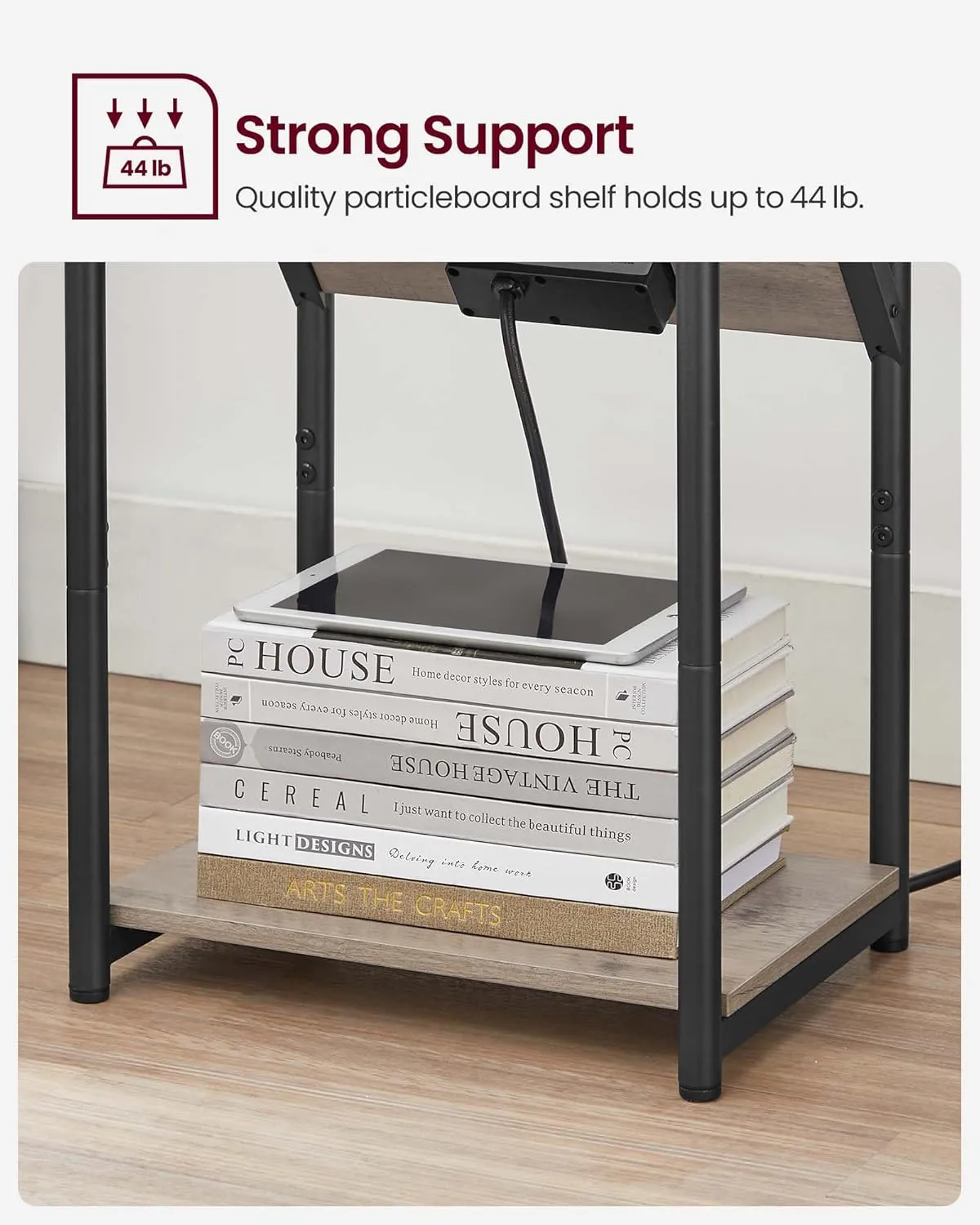 VASAGLE End Table with Charging Station, Small Side Table for Living Room, Bedroom, Nightstand with Outlets and USB Ports, Bedside Table with Storage Shelf, Heather Greige and Black
