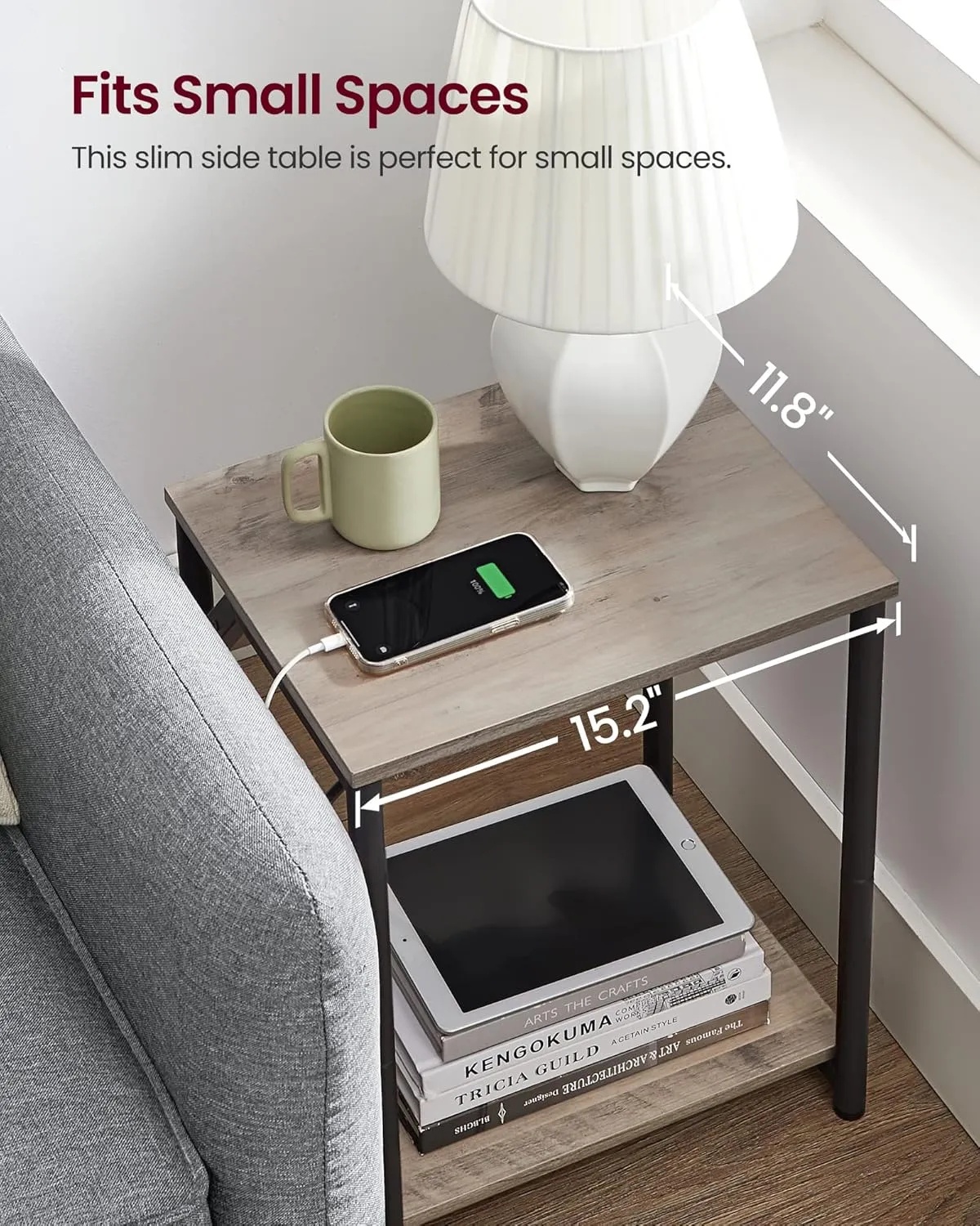 VASAGLE End Table with Charging Station, Small Side Table for Living Room, Bedroom, Nightstand with Outlets and USB Ports, Bedside Table with Storage Shelf, Heather Greige and Black
