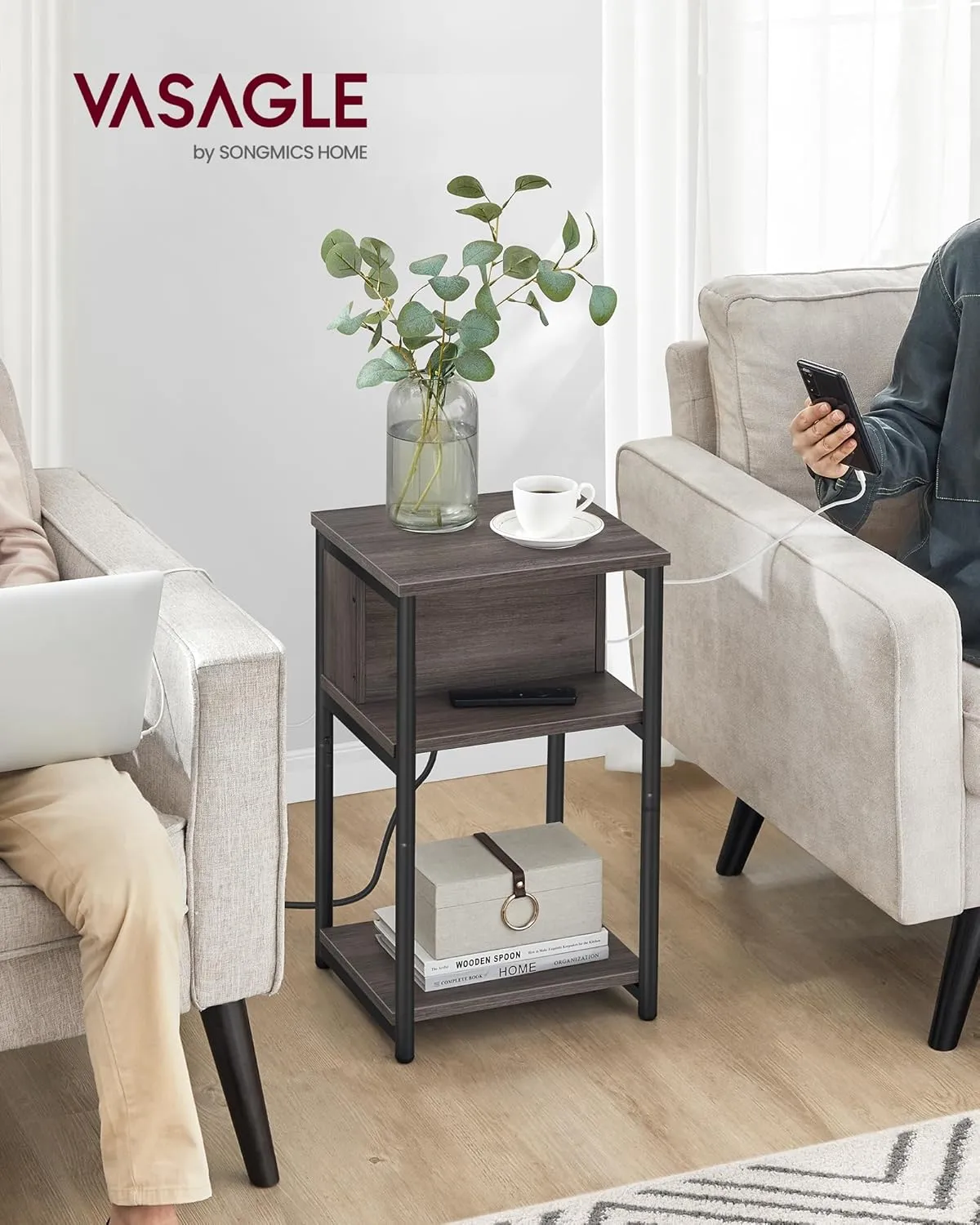 VASAGLE Side Table with Charging Station, 3-Tier End Table with USB Ports and Outlets, Nightstand for Living Room, Bedroom, 11.8 x 13.4 x 22.8 Inches, Plug-in Series, Chestnut Brown and Black