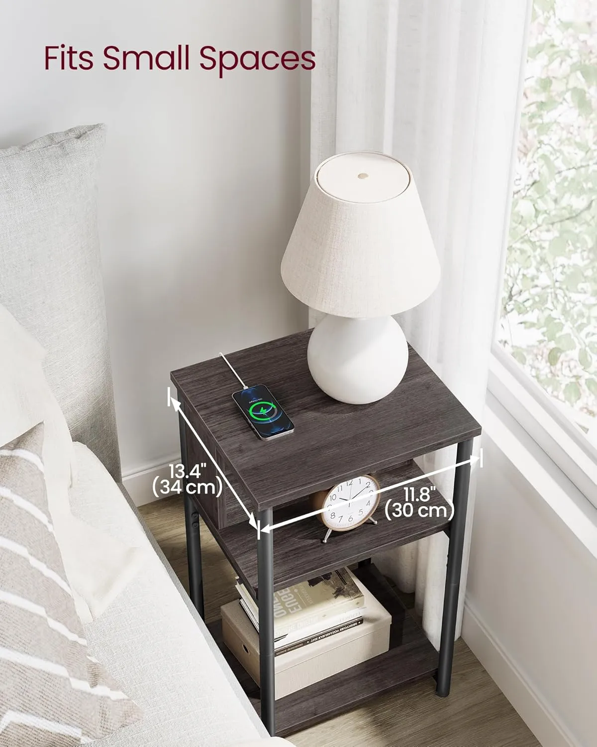 VASAGLE Side Table with Charging Station, 3-Tier End Table with USB Ports and Outlets, Nightstand for Living Room, Bedroom, 11.8 x 13.4 x 22.8 Inches, Plug-in Series, Chestnut Brown and Black