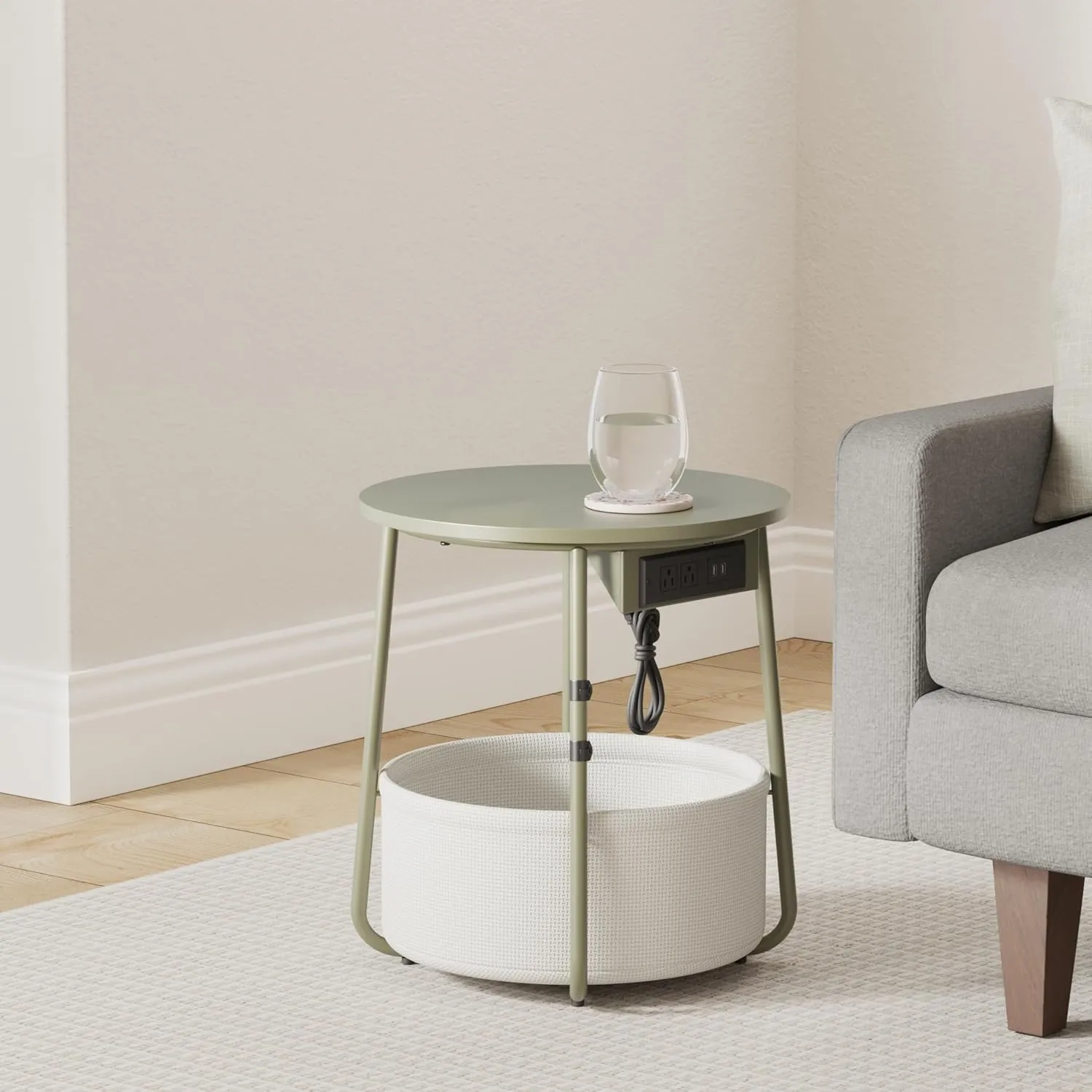VASAGLE Side Table with Charging Station, Round End Table with Fabric Basket, Nightstand with Power Outlets, USB Ports, for Living Room, Bedroom, Modern, Forest Green and Cream White ULET228C04