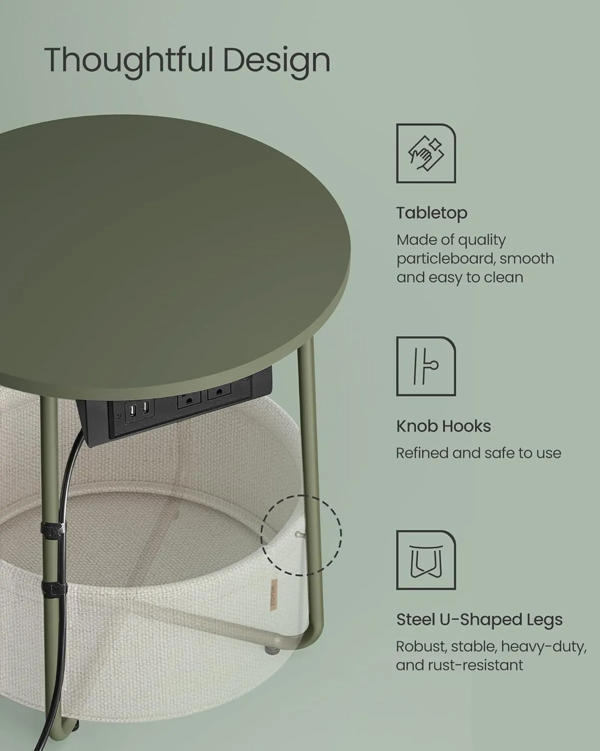 VASAGLE Side Table with Charging Station, Round End Table with Fabric Basket, Nightstand with Power Outlets, USB Ports, for Living Room, Bedroom, Modern, Forest Green and Cream White ULET228C04