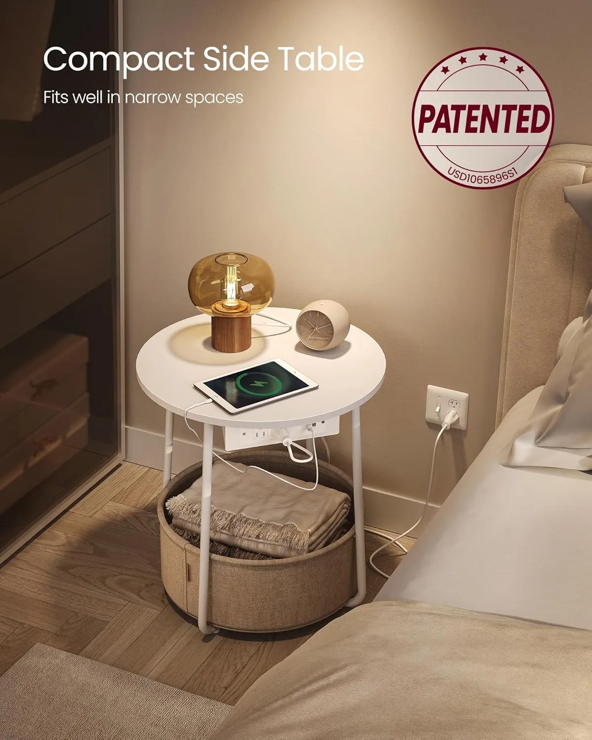 VASAGLE Side Table with Charging Station, Round End Table with Fabric Basket, Nightstand with Power Outlets, USB Ports, for Living Room, Bedroom, Modern, Matte White and Camel Brown ULET228W01