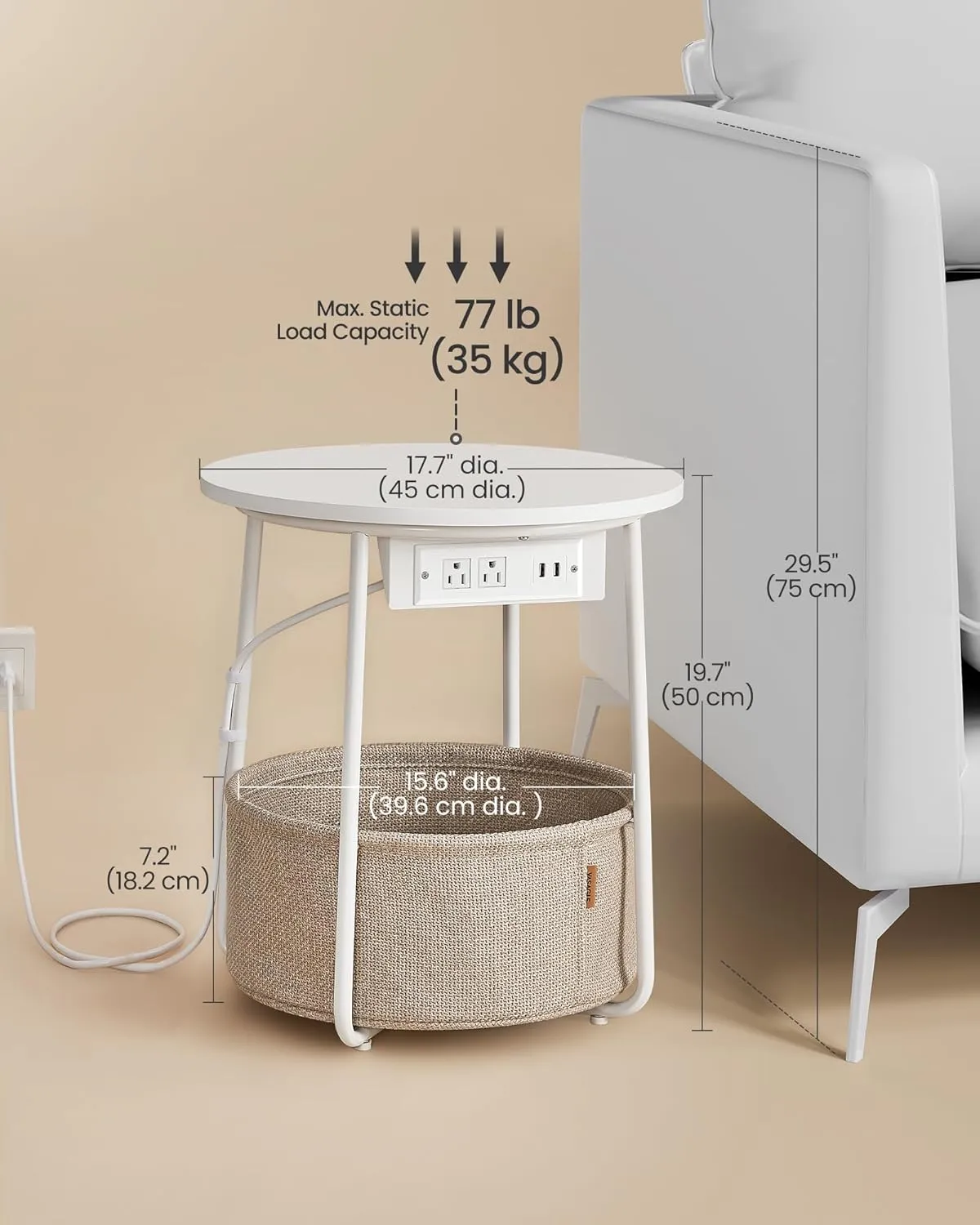 VASAGLE Side Table with Charging Station, Round End Table with Fabric Basket, Nightstand with Power Outlets, USB Ports, for Living Room, Bedroom, Modern, Matte White and Camel Brown ULET228W01