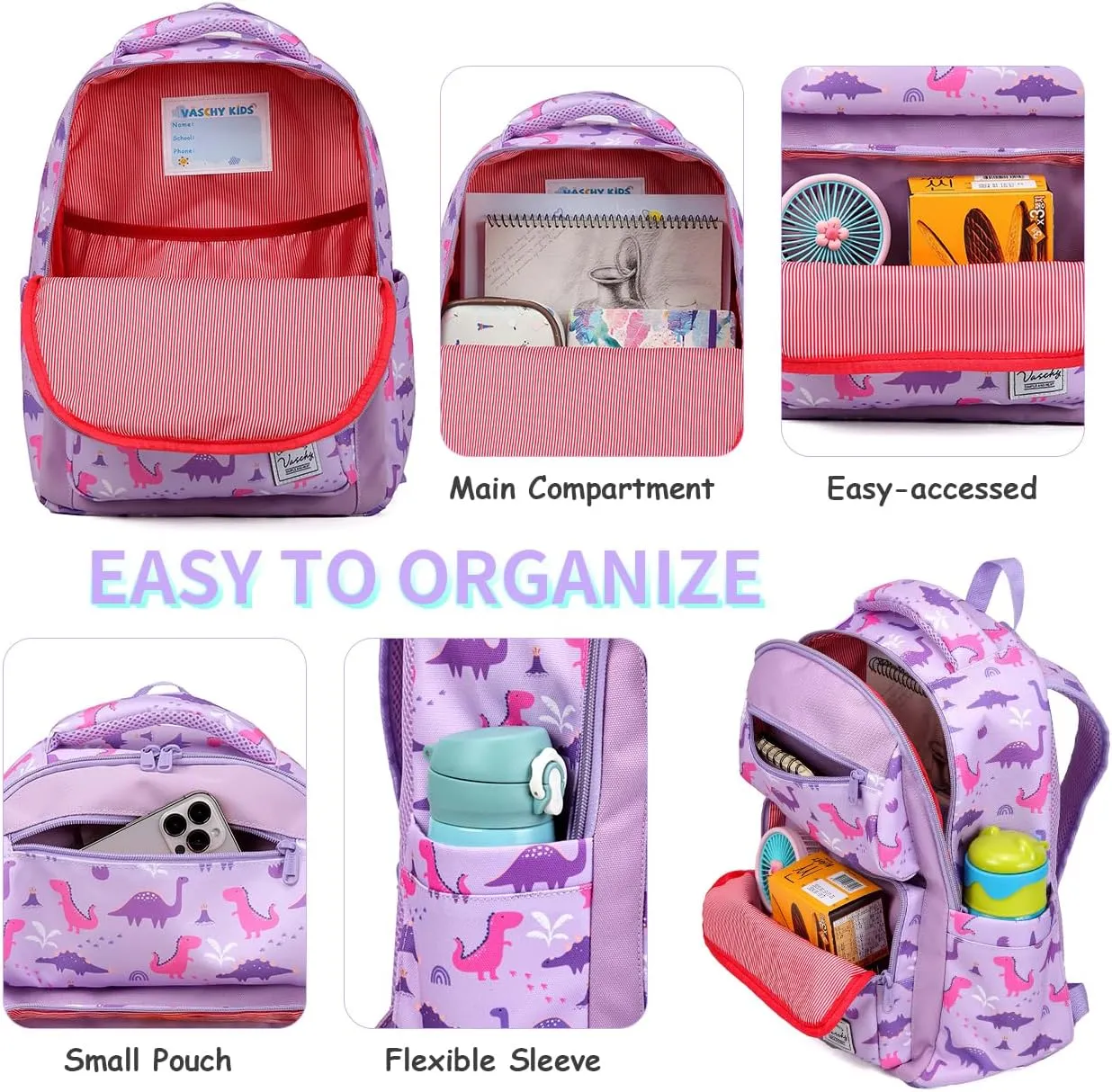 VASCHY Backpack for Girls, Kids Cute Kindergarten Preschool Children 12L Small Backpack Bookbag for School Travel Lilac Dinos