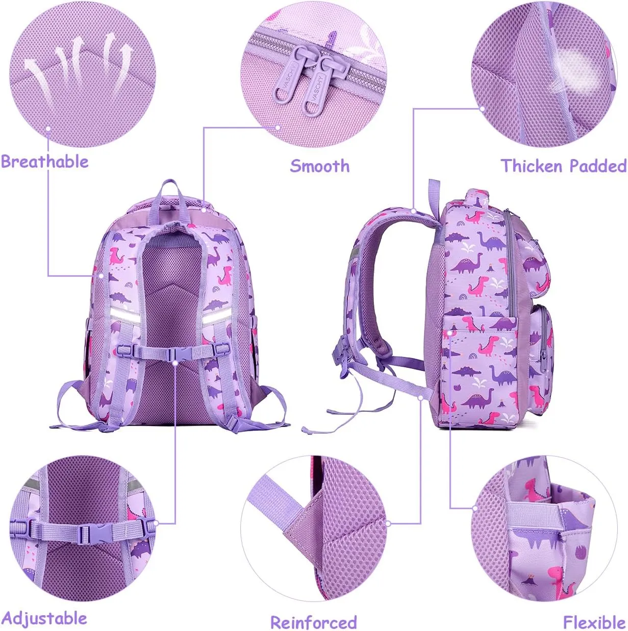VASCHY Backpack for Girls, Kids Cute Kindergarten Preschool Children 12L Small Backpack Bookbag for School Travel Lilac Dinos