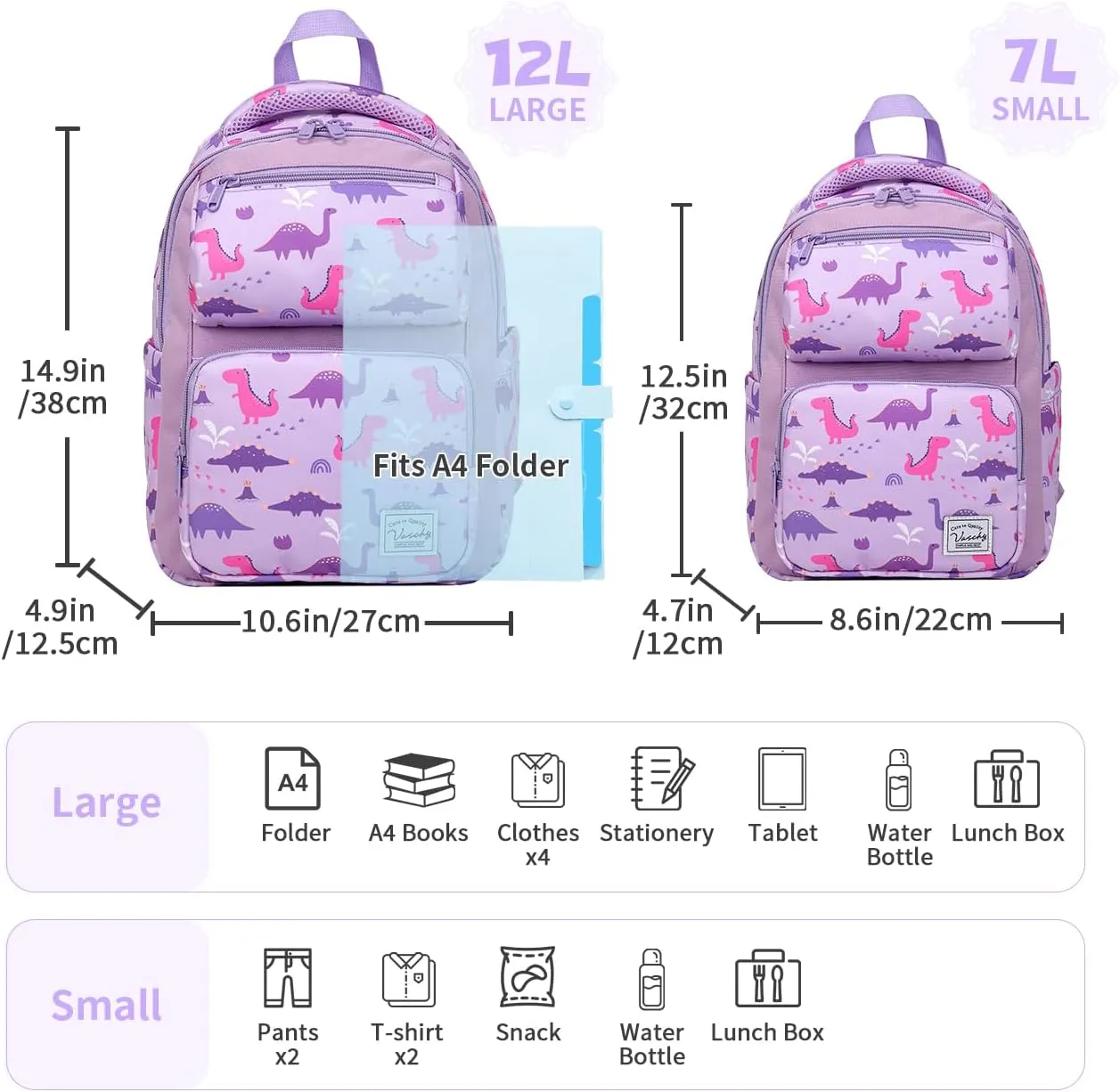 VASCHY Backpack for Girls, Kids Cute Kindergarten Preschool Children 12L Small Backpack Bookbag for School Travel Lilac Dinos