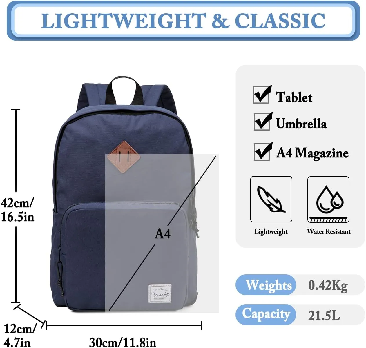 VASCHY School Backpack, Ultra Lightweight Backpack for Men Women Bookbag for Kids Teen Boys Girls Navy