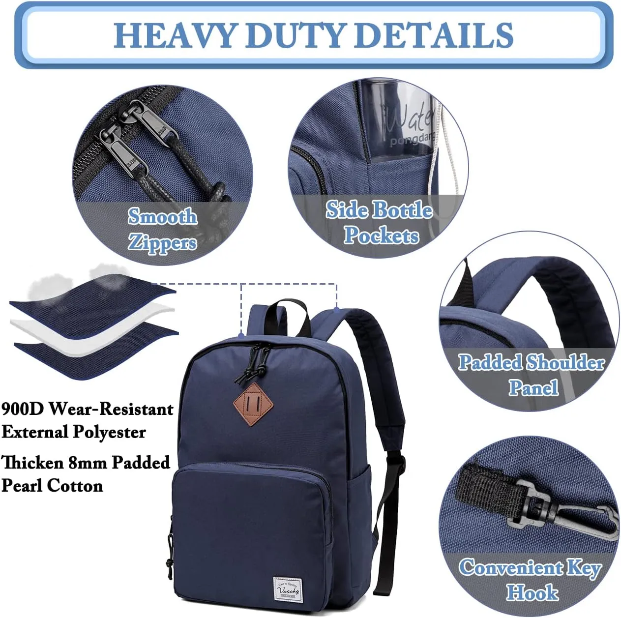 VASCHY School Backpack, Ultra Lightweight Backpack for Men Women Bookbag for Kids Teen Boys Girls Navy