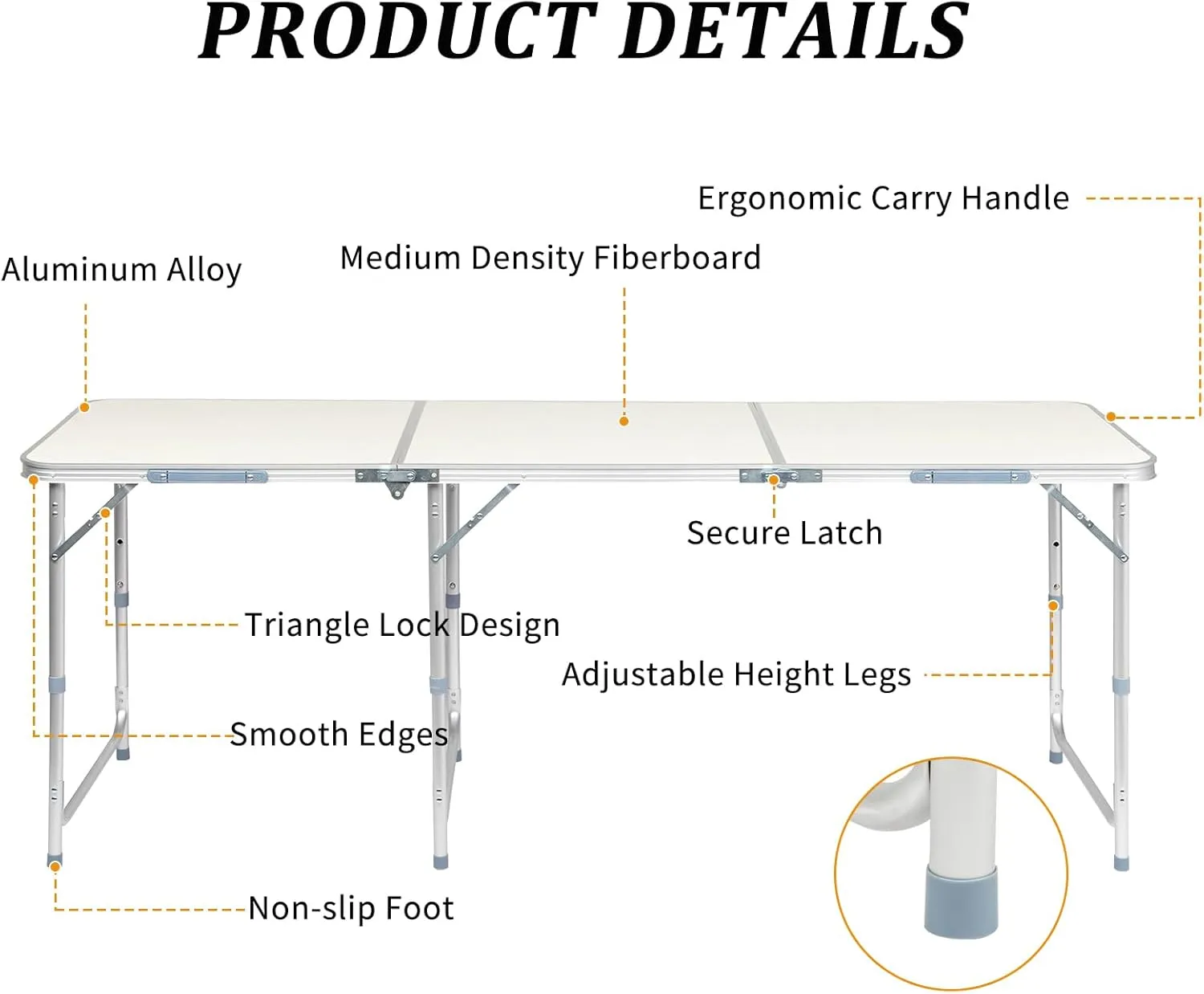 Vasitelan Camping Folding Aluminum Folding Table with Adjustable Height,Portable Picnic Table Foldable Table for Outdoor Backyard BBQ (6 FT)