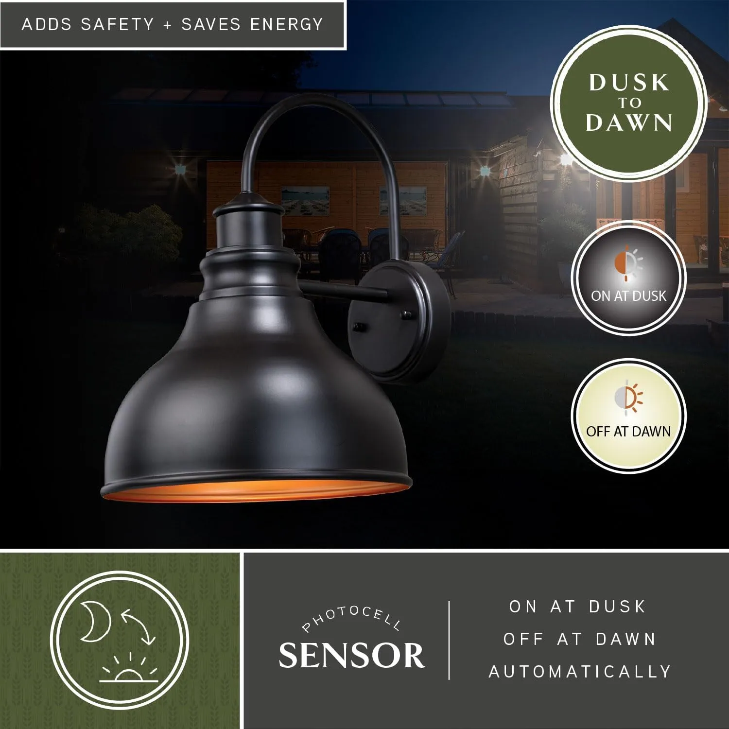 VAXCEL Delano 1 Light Dusk to Dawn Bronze Gold Farmhouse Barn Dome Outdoor Wall Lantern