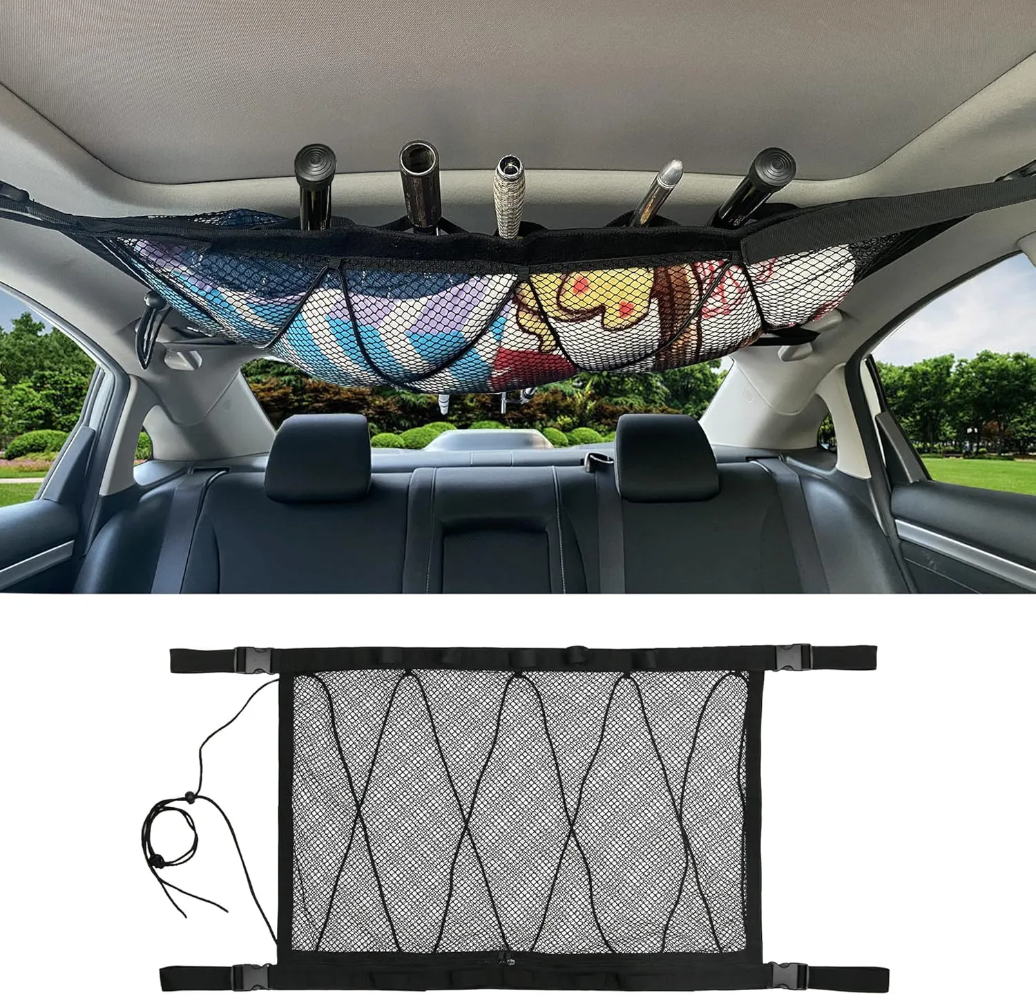 Vehicle Fishing Rod Holder for Car, Roof Rack Fishing Rod Holder, Vehicle Ceiling Roof Fishing Pole Storage Mesh, Portable Polyester Mesh Organizer for Long Travel Fishing (Black2)