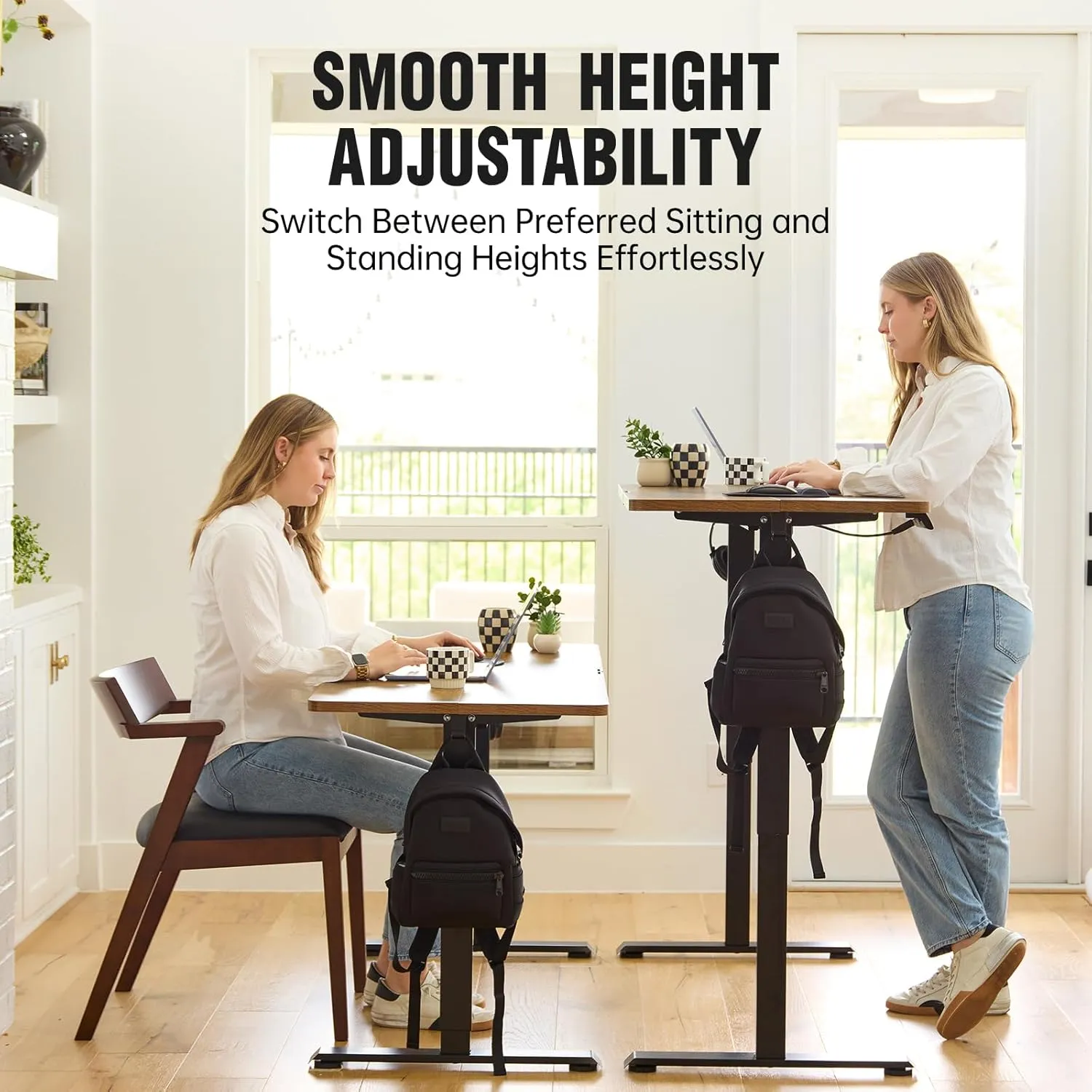 Veken 47.2" Standing Desk Electric, Height Adjustable Sit Stand Up, Wood Desktop, Work Home Office, Computer PC Table, Writing Rising Desks, Brown