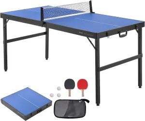 VEVOR Ping Pong Table, Mid-Size Table Tennis Game, Indoor MDF Table Tennis Table, Foldable Portable Complete Ping Pong Table Set with Net, 2 Paddles, 3 Balls, Carry Bag, Handle (No Assembly Required)