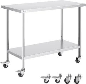 VEVOR Stainless Steel Work Table 24 x 48 x 38 Inch, with 4 Wheels, 3 Adjustable Height Levels, Heavy Duty Food Prep Worktable for Commercial Kitchen Restaurant, Silver