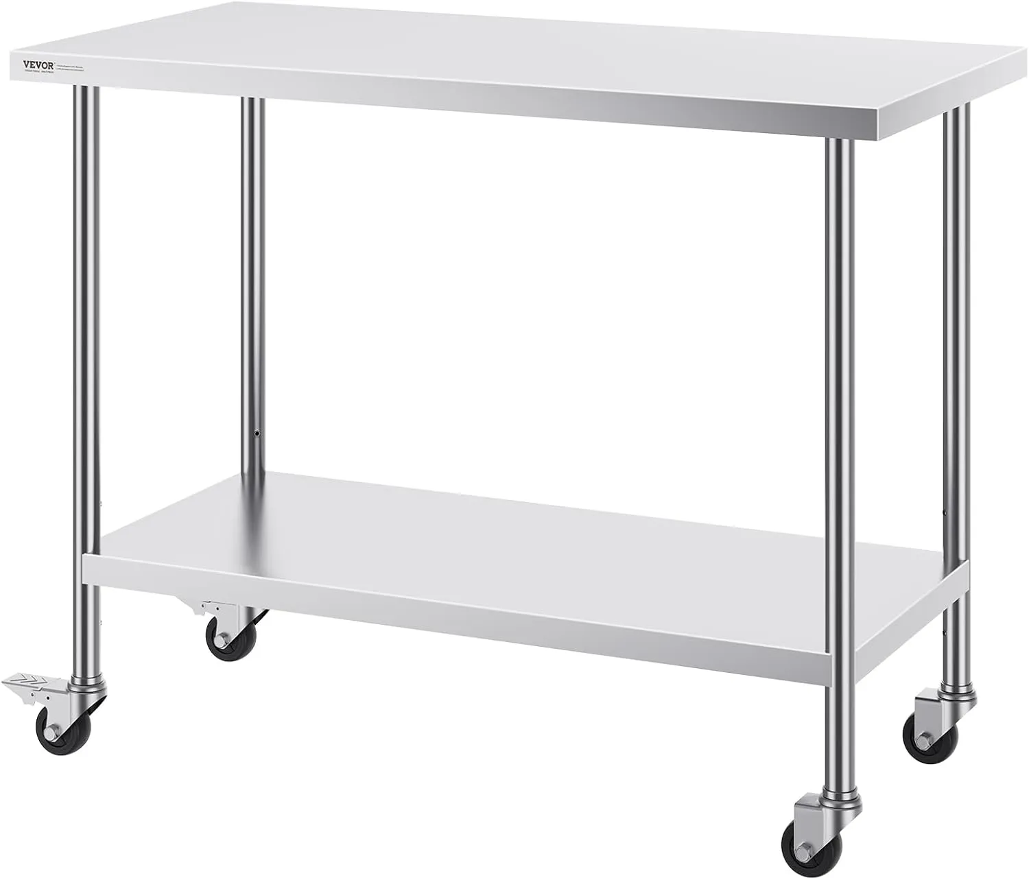 VEVOR Stainless Steel Work Table 24 x 48 x 38 Inch, with 4 Wheels, 3 Adjustable Height Levels, Heavy Duty Food Prep Worktable for Commercial Kitchen Restaurant, Silver