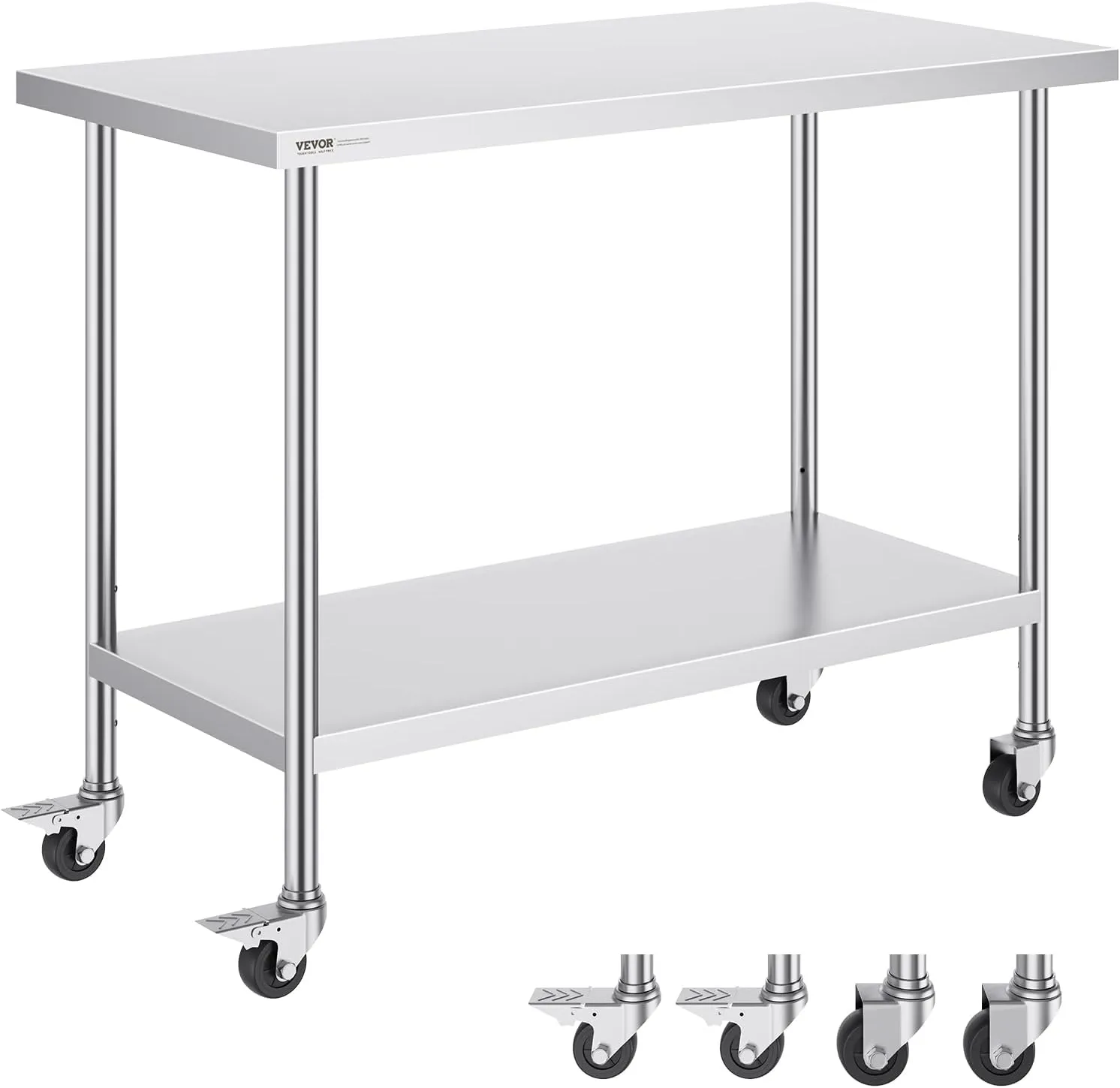 VEVOR Stainless Steel Work Table 24 x 48 x 38 Inch, with 4 Wheels, 3 Adjustable Height Levels, Heavy Duty Food Prep Worktable for Commercial Kitchen Restaurant, Silver