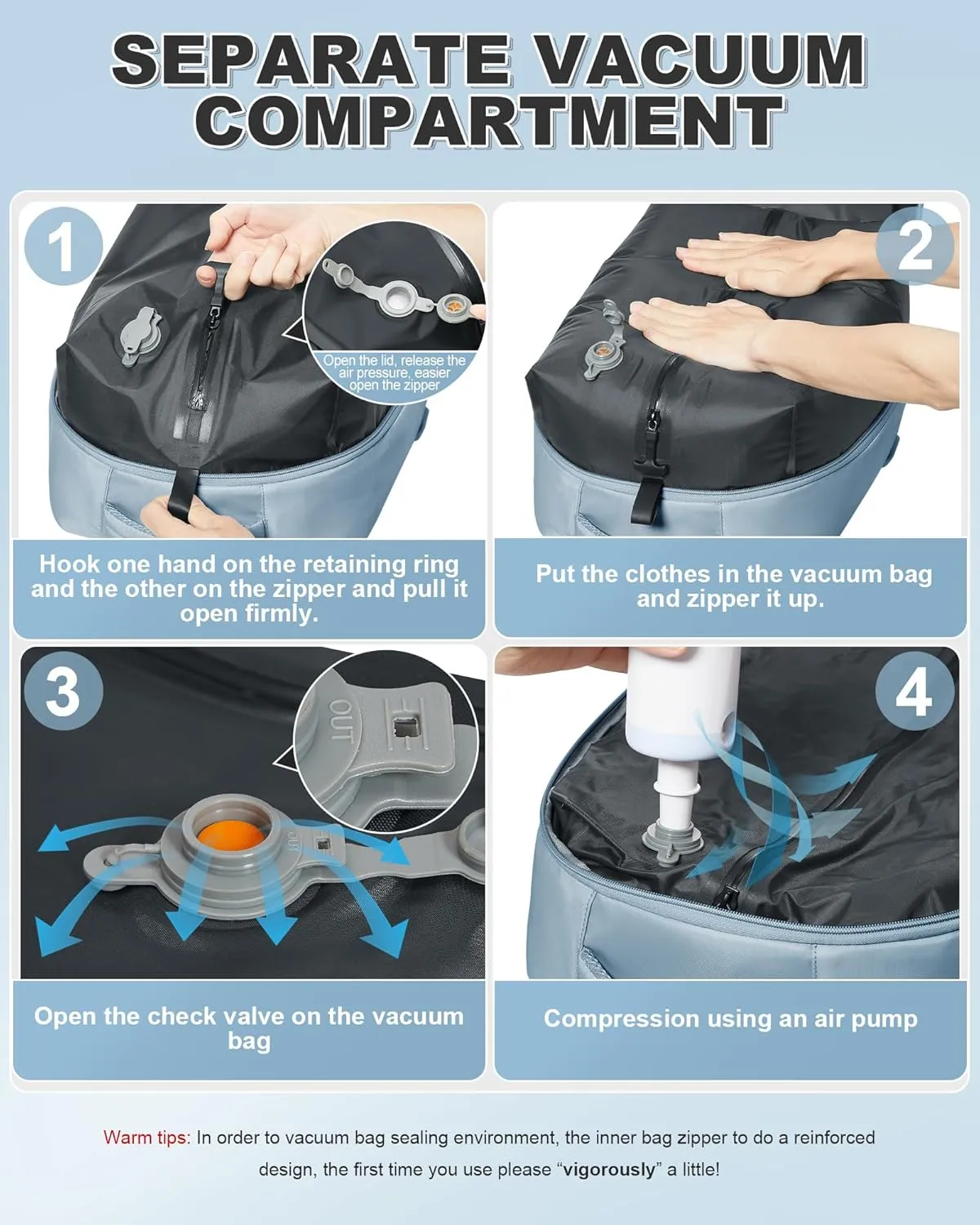 VGCUB Small Travel Backpack with Vacuum System Carry on Storage Compression Personal Item Bags with Electric Pump Work Business Vacpack College Airback lightweight Backpack for Women Men Light blue
