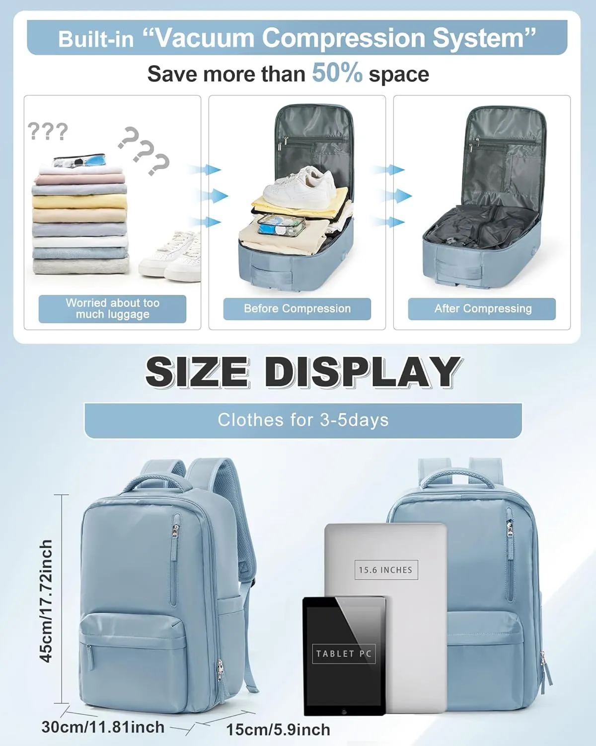 VGCUB Small Travel Backpack with Vacuum System Carry on Storage Compression Personal Item Bags with Electric Pump Work Business Vacpack College Airback lightweight Backpack for Women Men Light blue