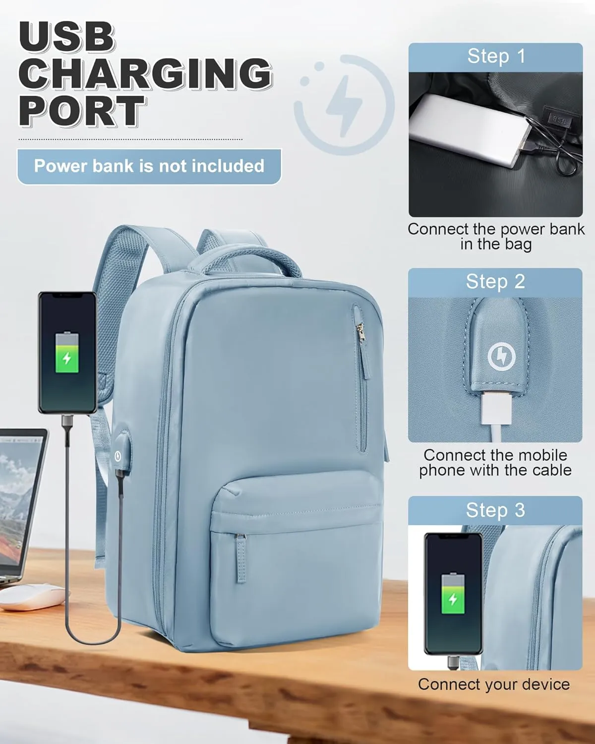 VGCUB Small Travel Backpack with Vacuum System Carry on Storage Compression Personal Item Bags with Electric Pump Work Business Vacpack College Airback lightweight Backpack for Women Men Light blue