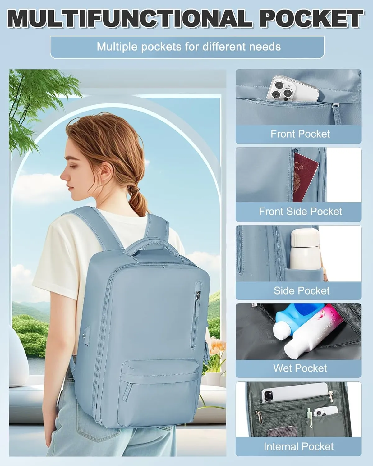 VGCUB Small Travel Backpack with Vacuum System Carry on Storage Compression Personal Item Bags with Electric Pump Work Business Vacpack College Airback lightweight Backpack for Women Men Light blue