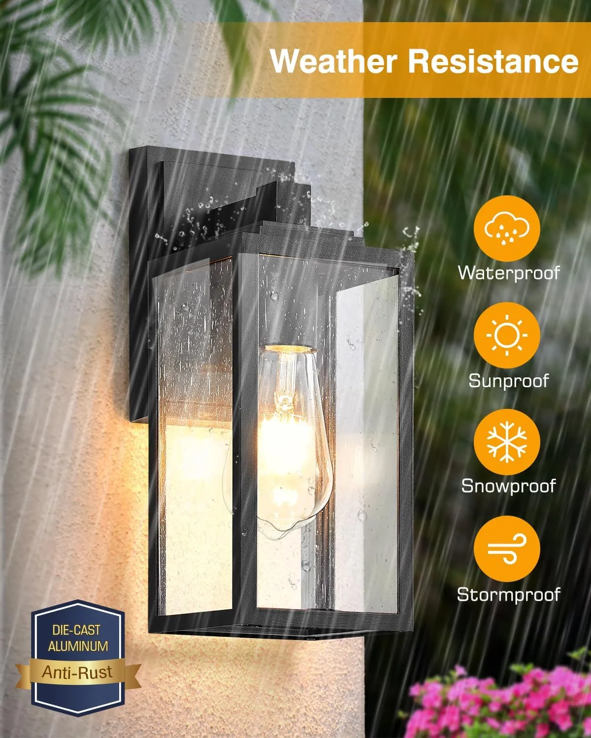 VIANIS 2 Pack Outdoor Wall Lights, Exterior Lights for House Lantern, Matte Black Waterproof Anti-Rust Outdoor Lights for Porch, Garden, Doorway, Seed Tempered Glass