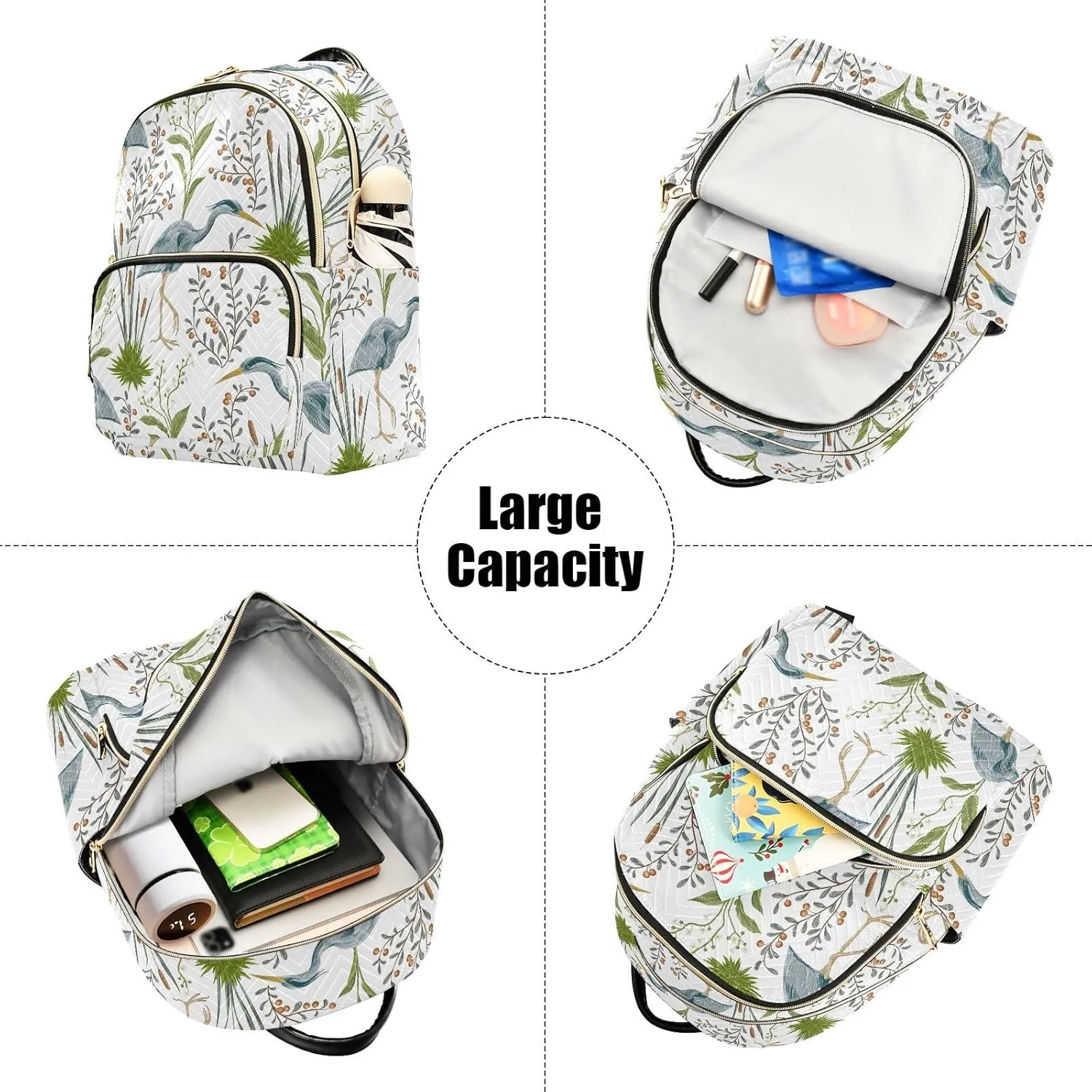 VIGTRO Women Fashion Backpack Quilted Mini Purse Herons Swamp Plants, Lightweight Travel Casual Shoulder Backpack with Adjustable Straps Size M