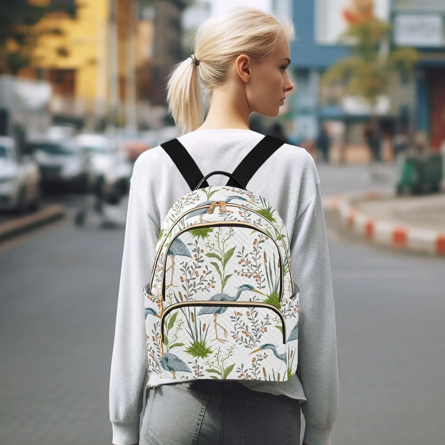 VIGTRO Women Fashion Backpack Quilted Mini Purse Herons Swamp Plants, Lightweight Travel Casual Shoulder Backpack with Adjustable Straps Size M