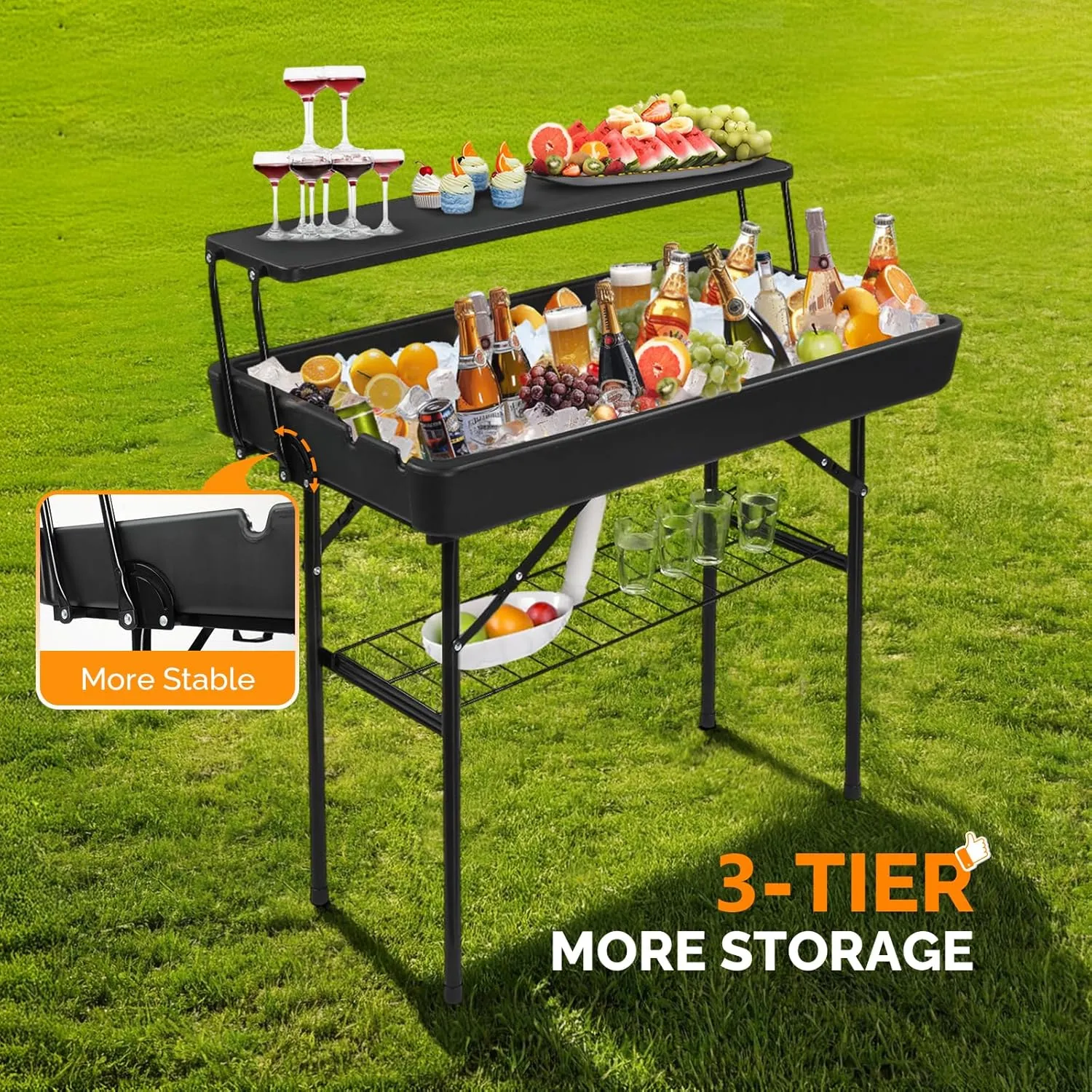 VINGLI Portable Cooler Table with Extra Storage Shelf, Alloy Steel, Black, Picetable Model