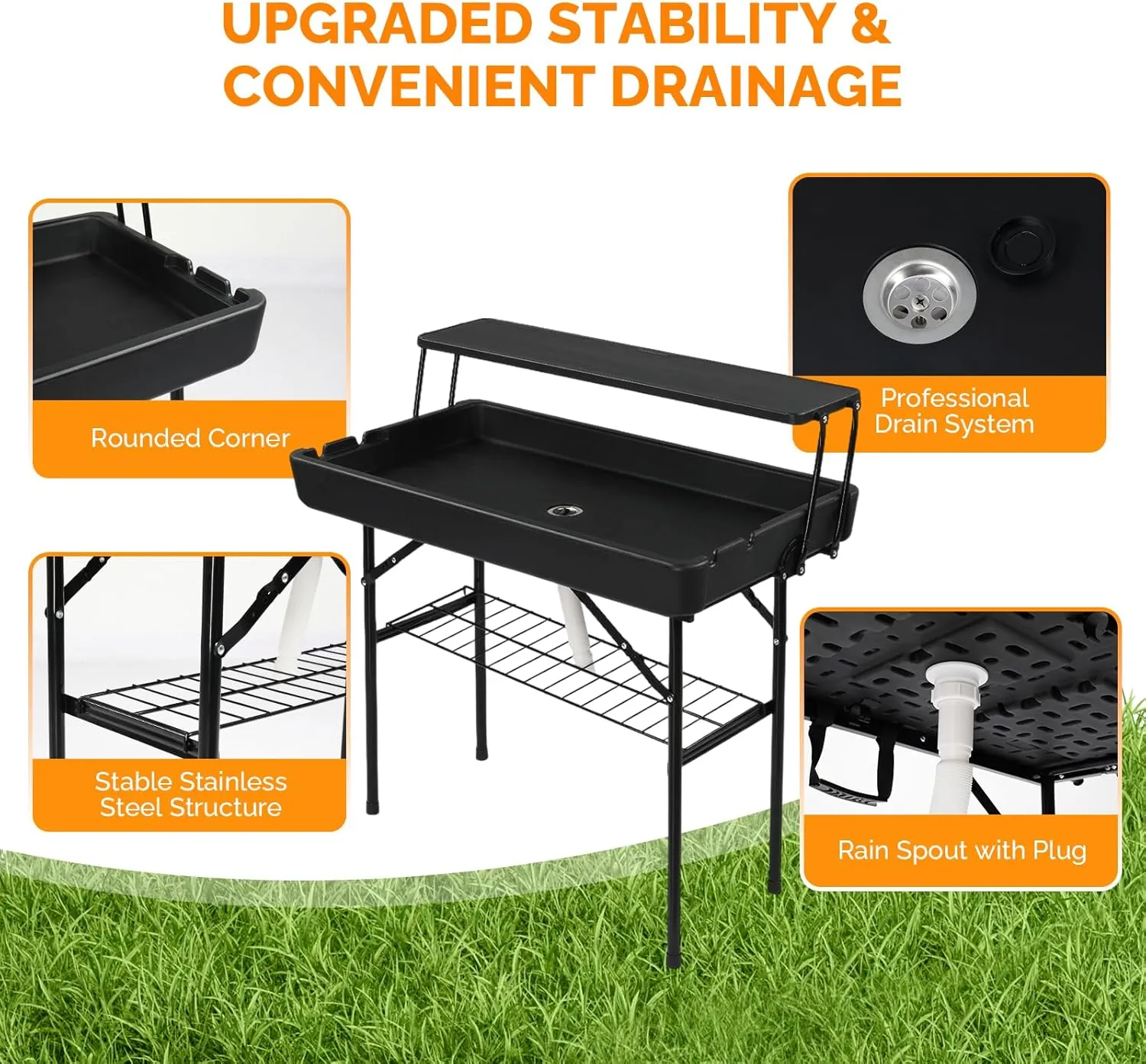 VINGLI Portable Cooler Table with Extra Storage Shelf, Alloy Steel, Black, Picetable Model