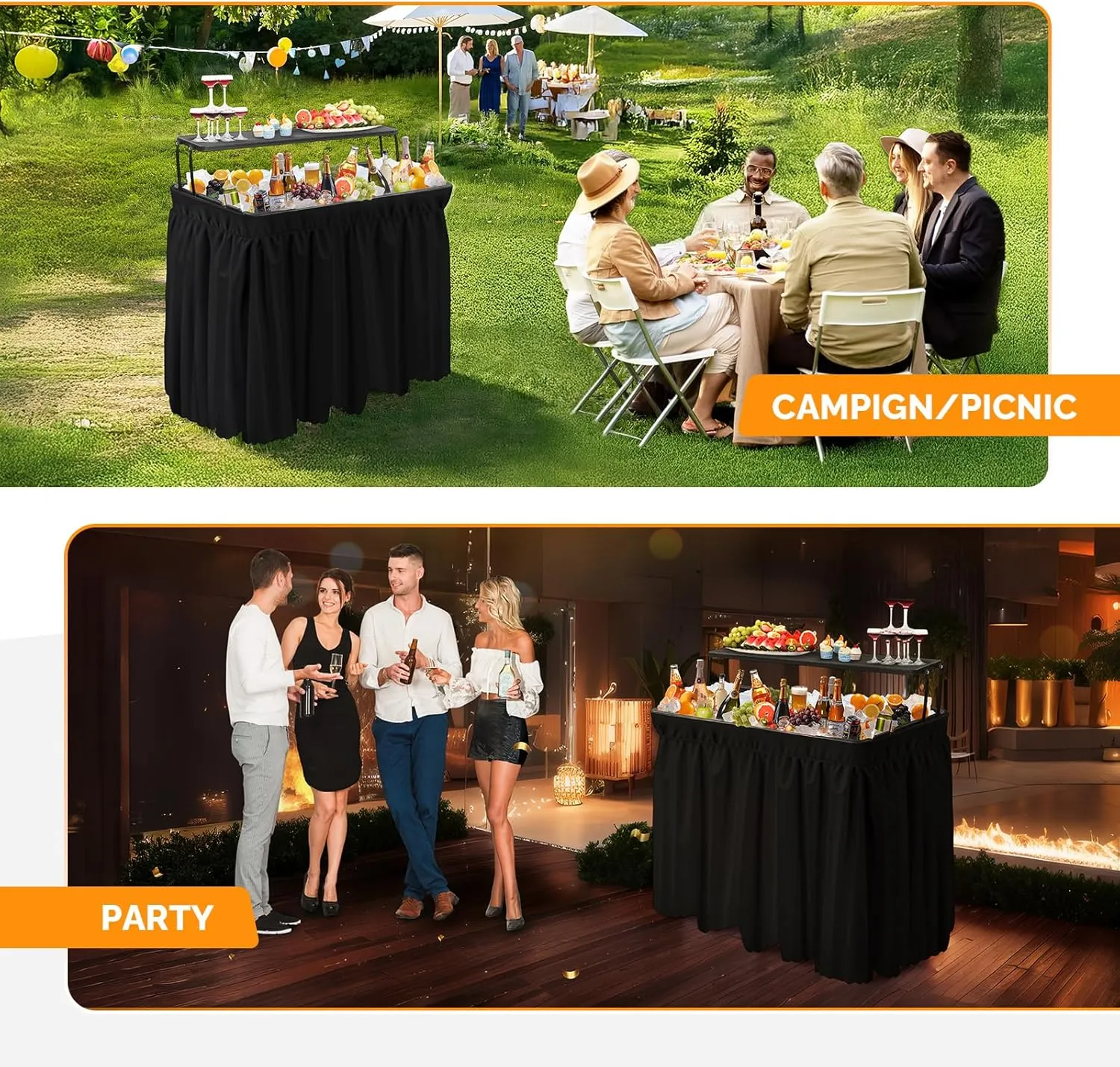 VINGLI Portable Cooler Table with Extra Storage Shelf, Alloy Steel, Black, Picetable Model